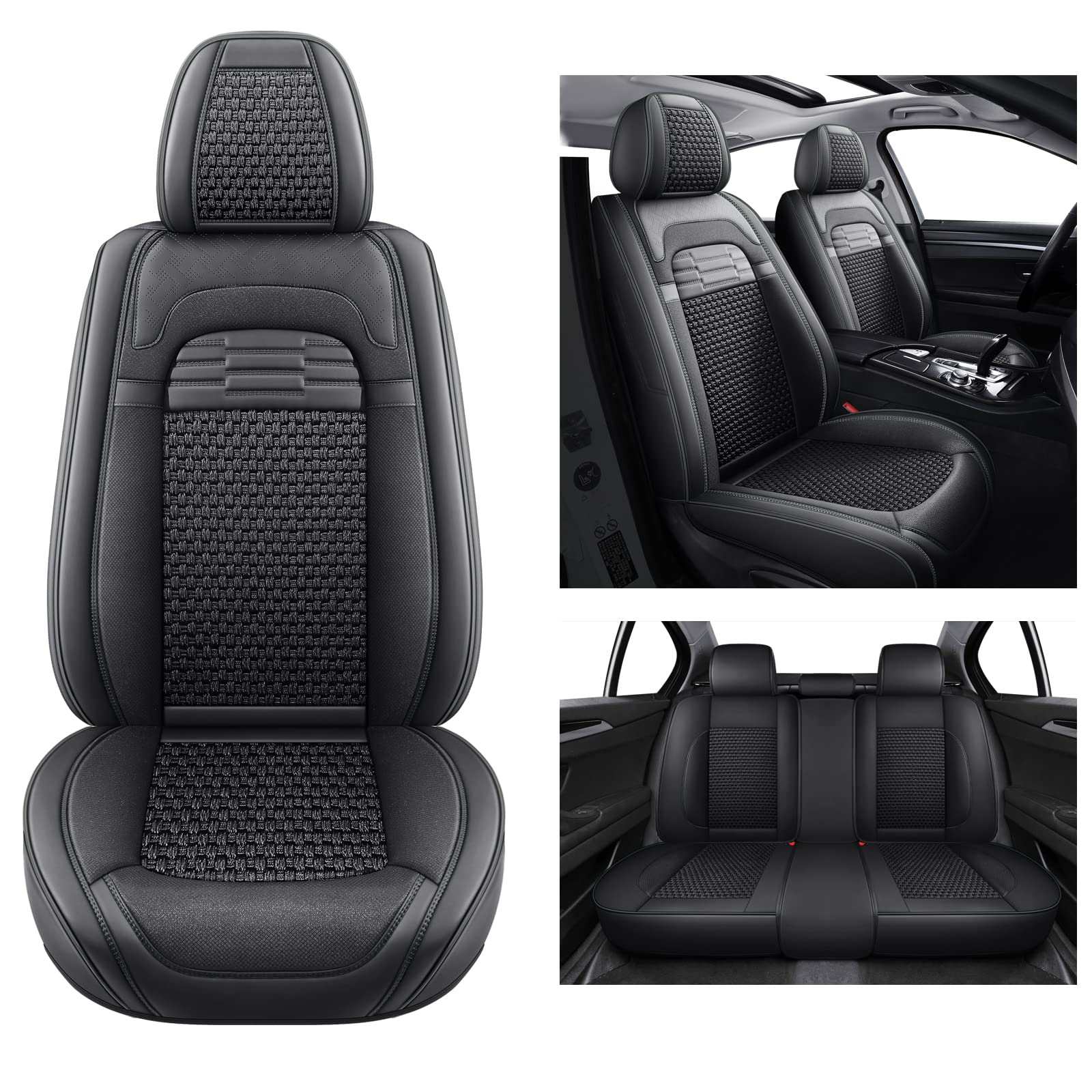 hikeaglauto Car Seat Covers Full Set, Faux Leather Seat Covers for Cars SUV Super Breathable Universal Automotive Seat Covers Fit for Most Sedans (Full Set, Black)