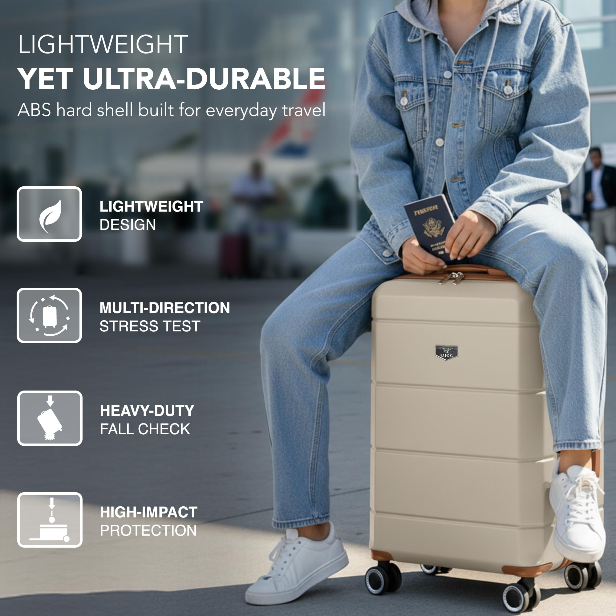 LUGG - Jetset 40cm Suitcase - 40x30x20cm- Ryanair Compatible - Underseat Size - Hard Shell ABS - Spinner & Removable Wheels - Lightweight Travel Luggage- Cream/Brown — view 306