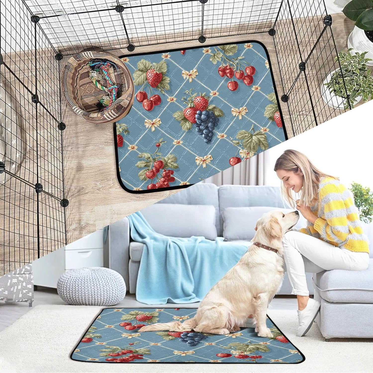 Blue Vintage Grid Strawberry Cherry Washable Pee Pads for Dogs Reusable Puppy Pad 3Pack Super Absorbent Non Slip Lightweight Protect Small Pet Pads Couch Playpen Housebreaking 20x24in