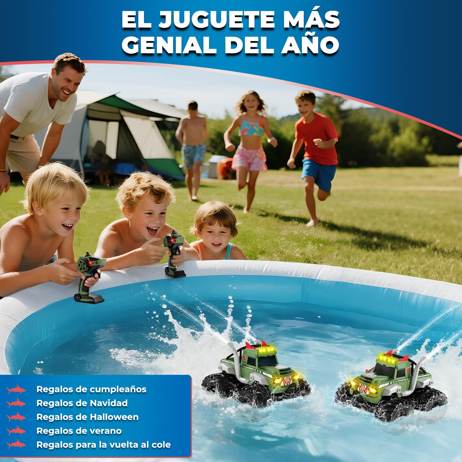 Nitigo Coche Teledirigido - 4WD Monster Truck con Cañón de Agua, 1:16 Coche RC Anfibio con Luces LED 20 Km/h, 2 Baterías Recargables 90 Min de Autonomía, para Niños 6-12 Años y Adultos (Verde)