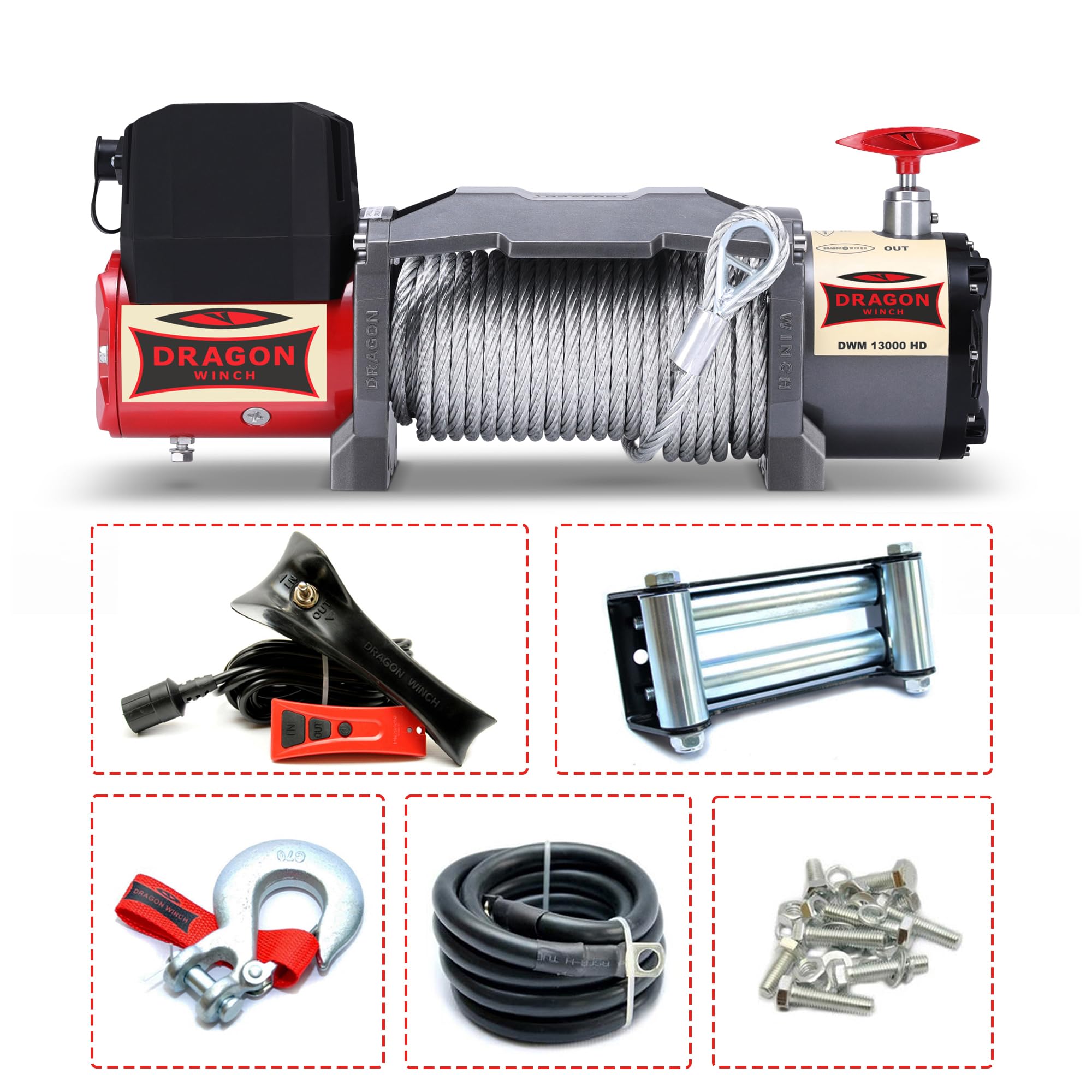Dragon Winch Cabrestante eléctrico 12V Maverick 13000 lbs / 5897 kg con Cuerda de acero 20m Cabrestante para coche incluido control remoto inalámbrico + accesorios | Estanqueidad IP67