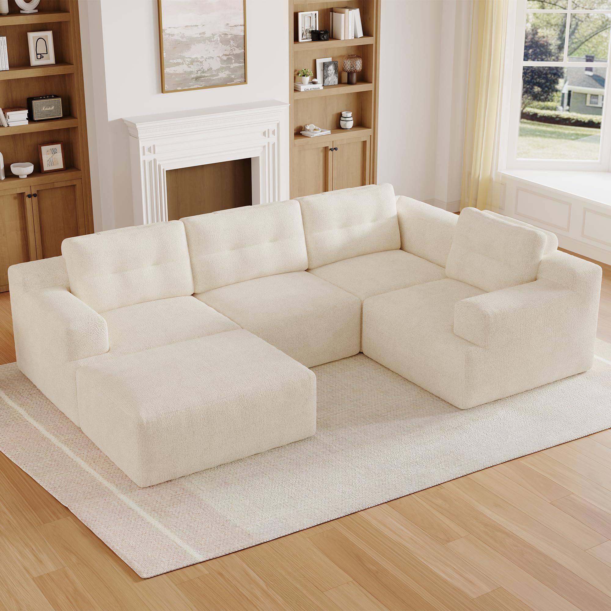 Sapgaks Canapé d'angle Convertible,configurable en Forme de L ou de U,Canapé modulable en Chenille,canapé 5 Places,Structure entièrement en Mousse sans Cadre,Beige