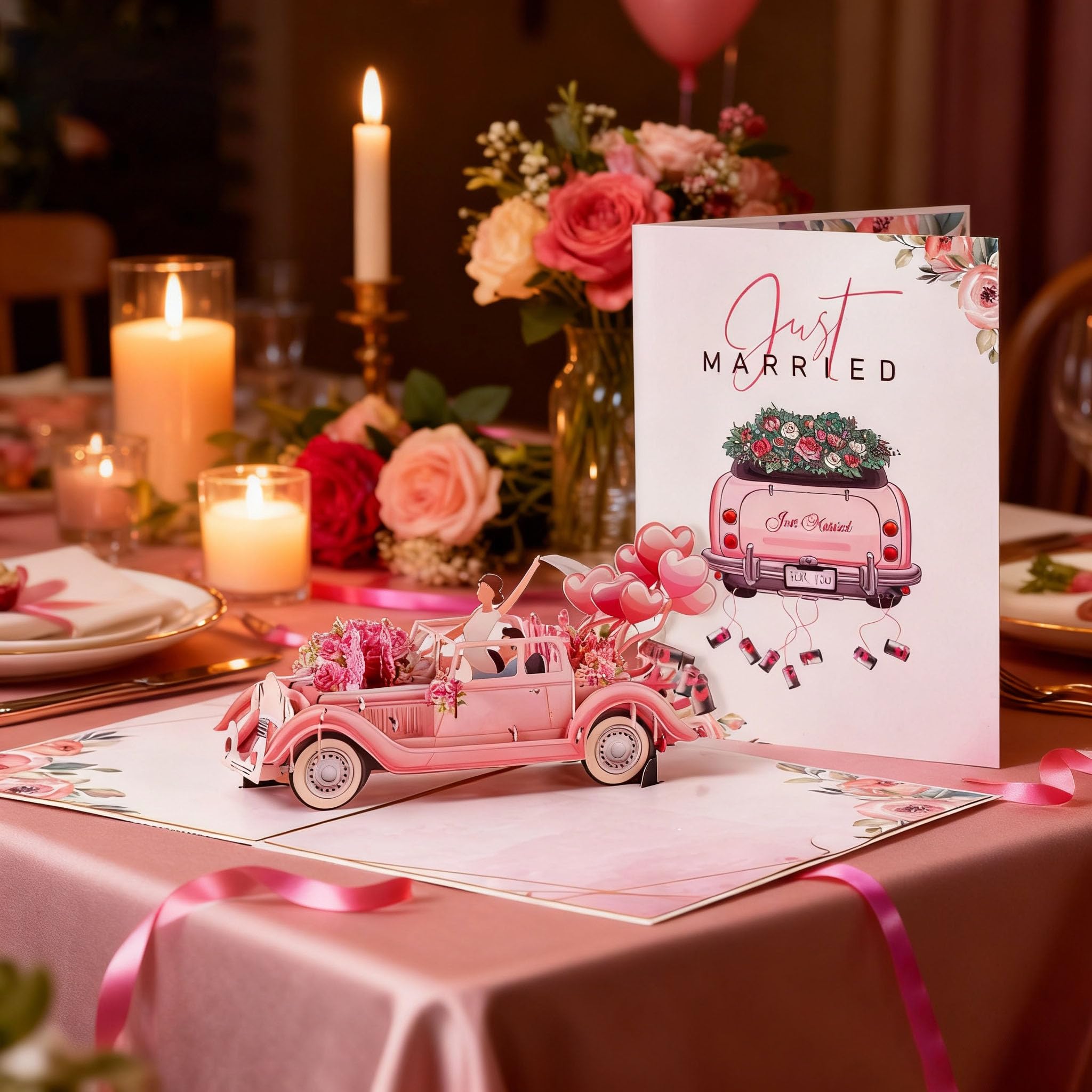 3D-Pop-Up-Hochzeitskarte, elegante Glückwunschkarte – Vintage-Auto mit floralem Aquarell-Cover, Hochzeitsgeschenke für Brautpaare, romantische Karte für Braut und Bräutigam
