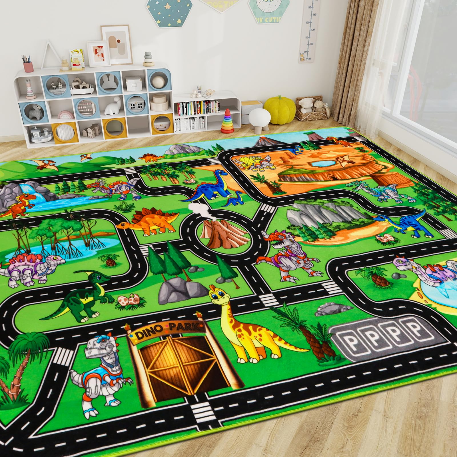 Tapis de jeu pour enfants – Circuit routier, robots et dinosaures 200 × 150 CM Tapis sur le thème du Jurassique pour petites voitures – Idéal pour chambre d'enfant et salle de jeux