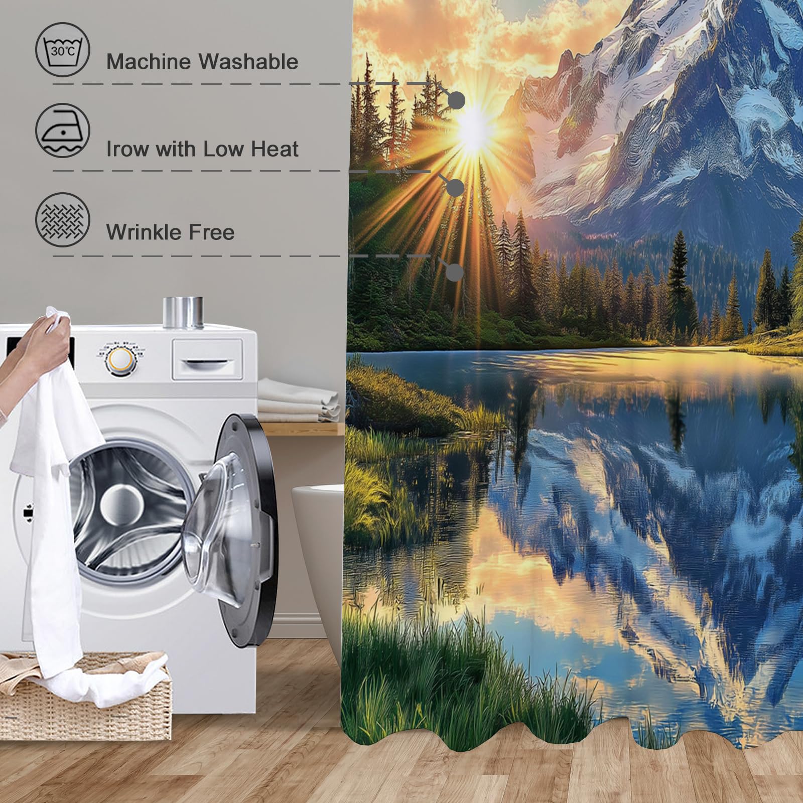 Duschvorhang Bergblick, klarer See Duschvorhänge Anti-Schimmel Wasserdicht Stoff Blickdicht Waschbar Bad Vorhang mit Haken für Badzimmer H200 x B180 cm (1er Pack)