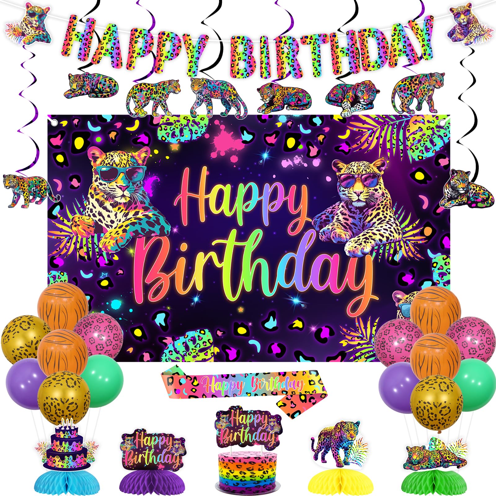 Wonmelody Rainbow Leopard Birthday Party Decorations Cheetah Happy Birthday Backdrop Banner Cake Topper Neon Leopard Table Decor Hanging Swirls Neon
