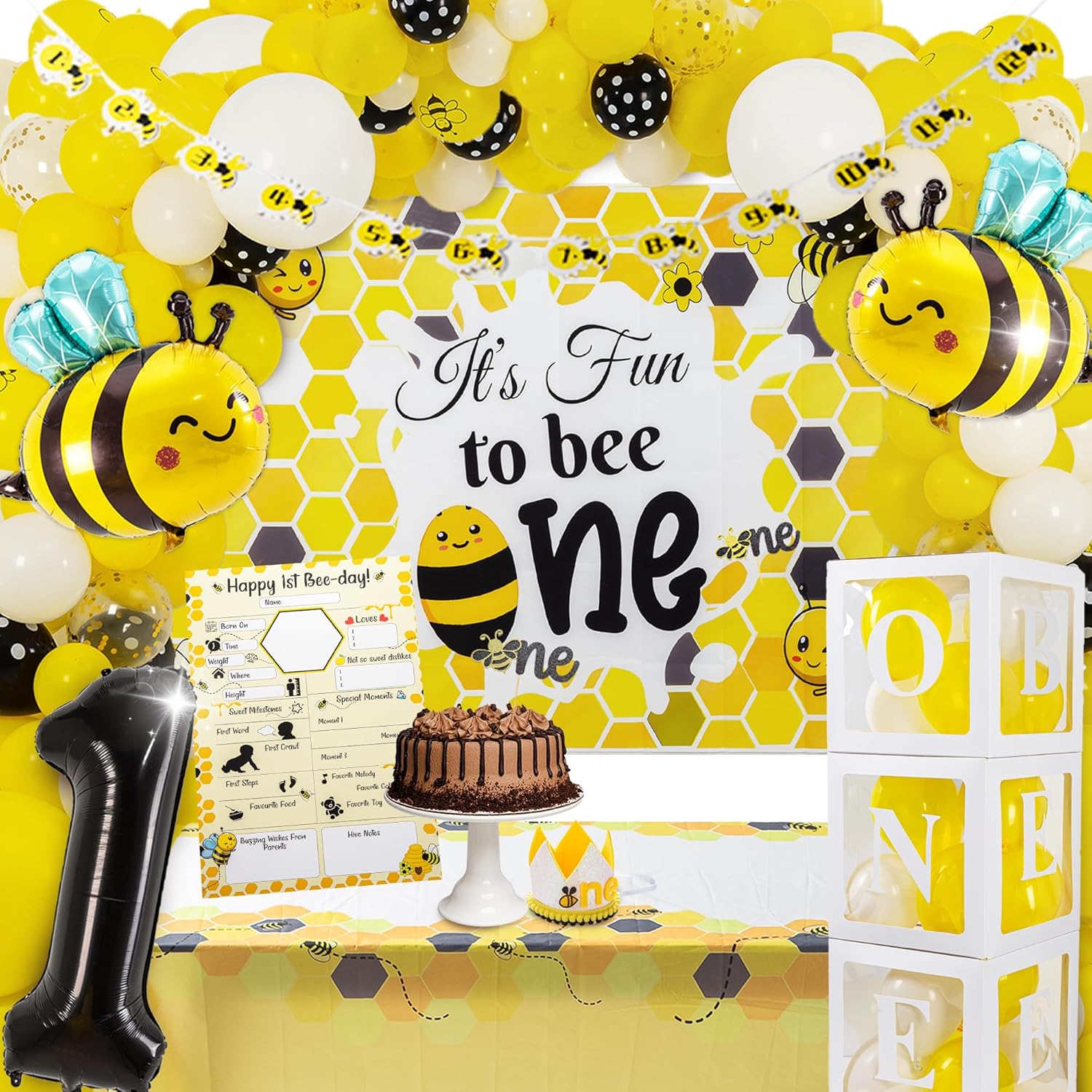 BIMASO IT'S FUN TO BEE ONE First Birthday Decorations – 300+pcs Decor & Table Set - One Year Old Birthday Decorations
