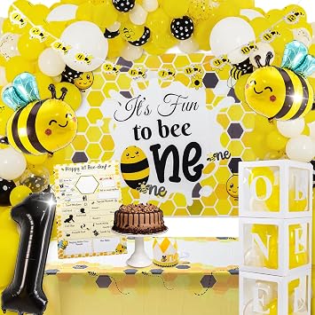 BIMASO ITS FUN TO BEE ONE First Birthday Decorations 300+pcs Decor & Table Set - One Year Old Birthday Decorations