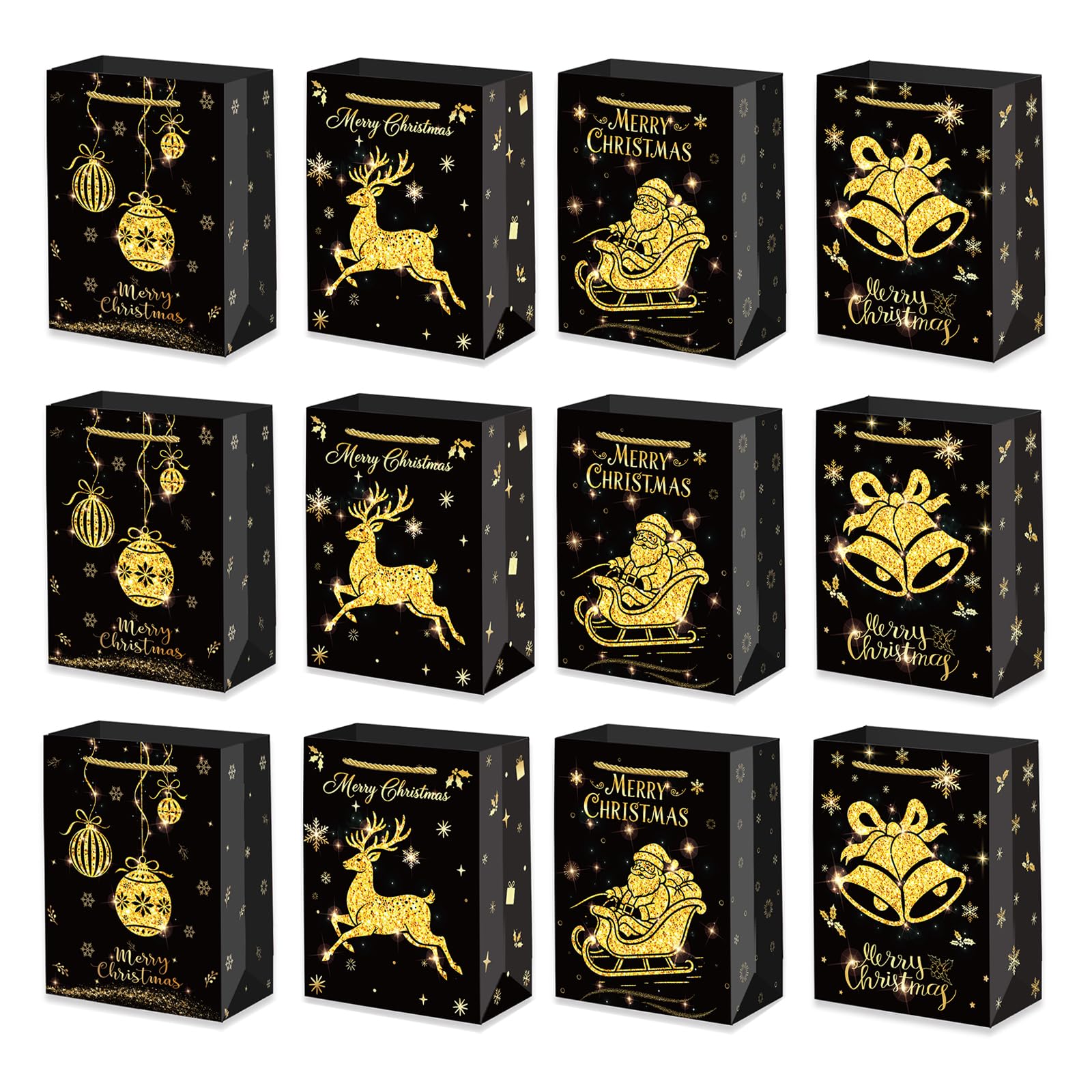 MORAINJAY 12 Pack Small Christmas Paper Bags, Black Gold Xmas Gift Bags