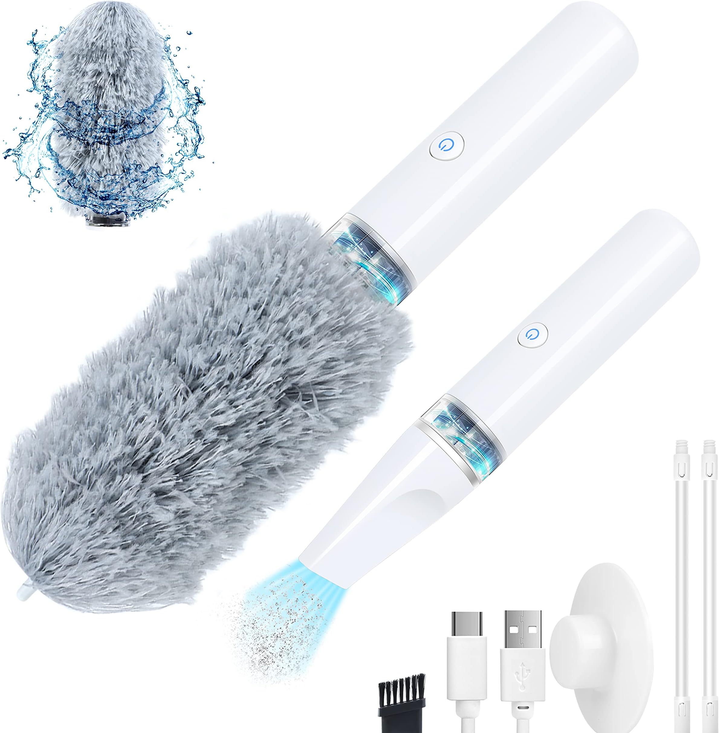 Electric Feather Dusters for Cleaning - Electrostatic Duster, Microfiber Duster with Extension Pole - 2-in-1 with Handheld Vacuum, Washable, for House, Ceiling Fan, Desk, Wall, Car