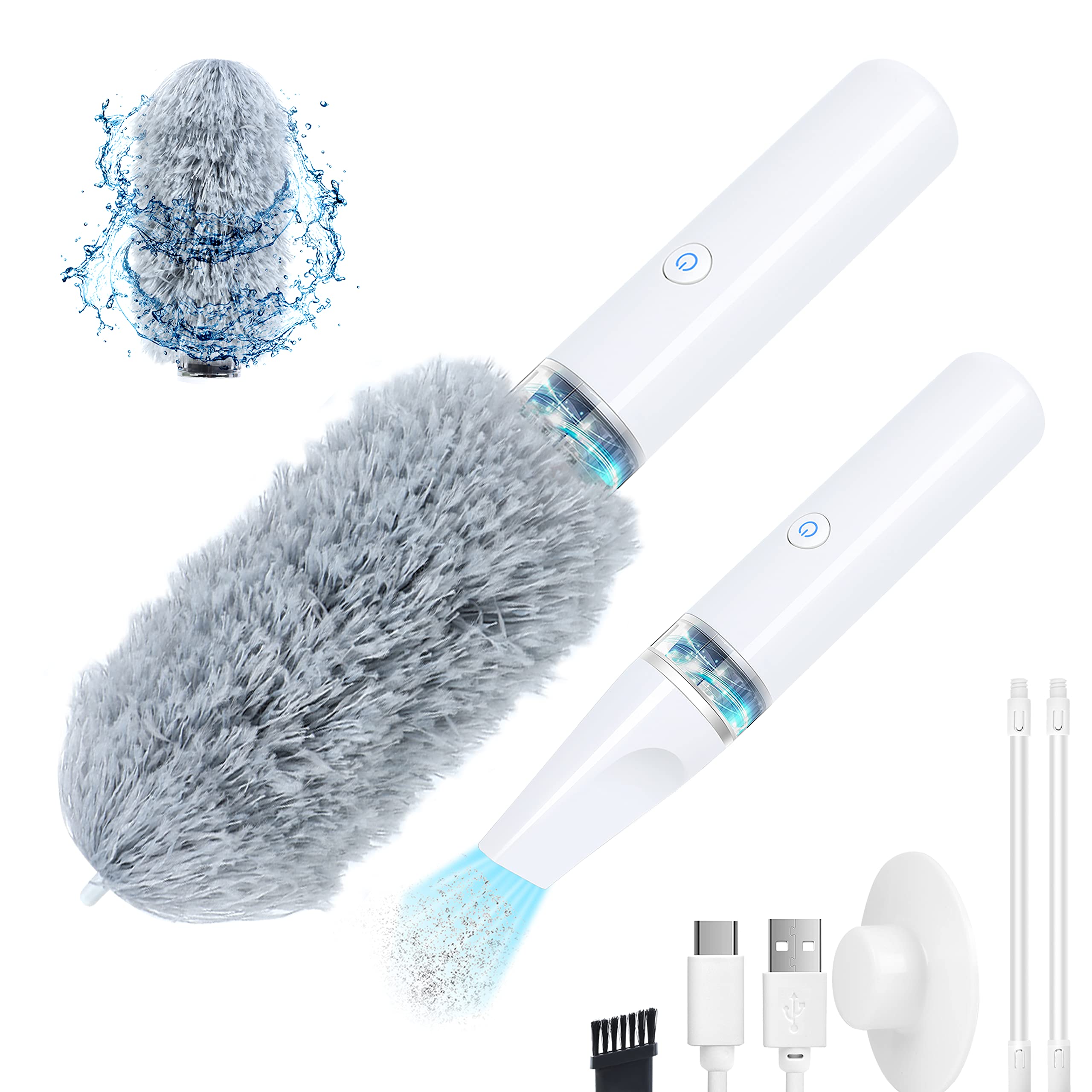 Electric Feather Dusters for Cleaning - Electrostatic Duster, Microfiber Duster with Extension Pole - 2-in-1 with Handheld Vacuum, Washable, for House, Ceiling Fan, Desk, Wall, Car