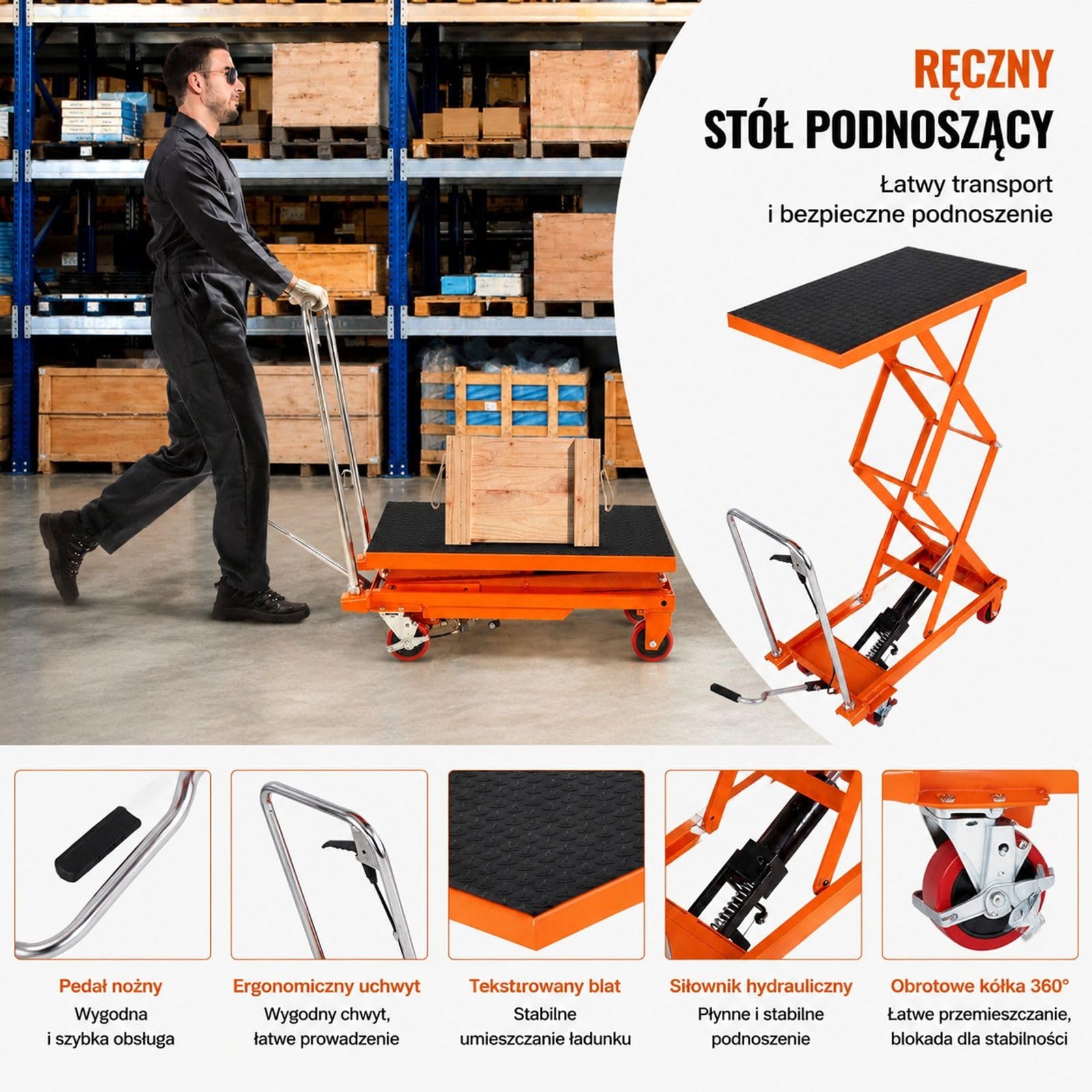 Hydrauliczny wózek stołowy, ręczny podwójny podnośnik nożycowy z 4 kołami do obsługi i transportu materiałów