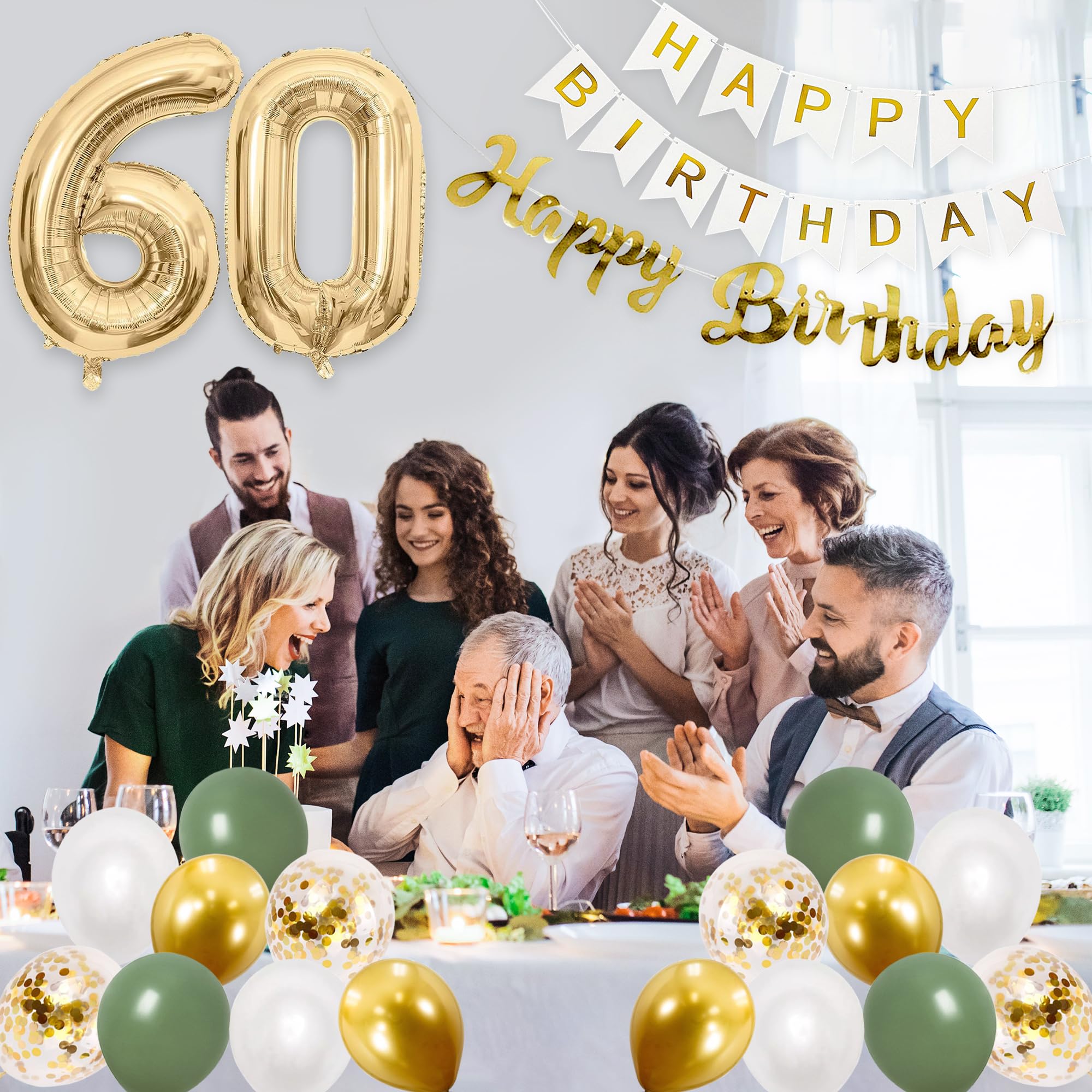 60e Verjaardag Decoratieset – Saliegroen, Goud En Wit – Met Ballonnen, Banner En Taarttopper – Voor Dames En Heren