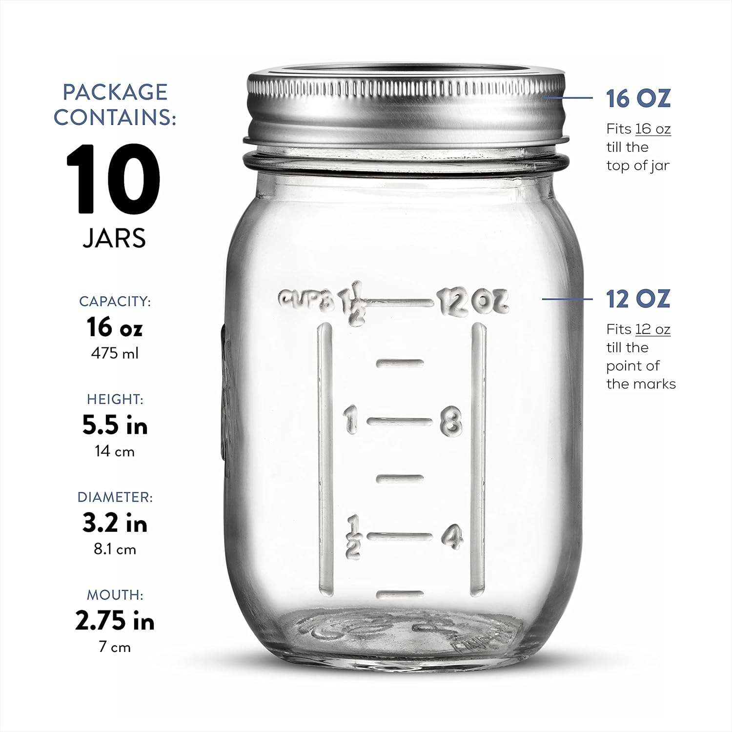 Regular-Mouth Glass Mason Jars, 16-Ounce Glass Canning Jars with Silver Metal Airtight Lids and Bands with Measurement Marks, for Canning, Preserving, Meal Prep, Overnight Oats, Jam, Jelly, (10 Pack): Home & Kitchen