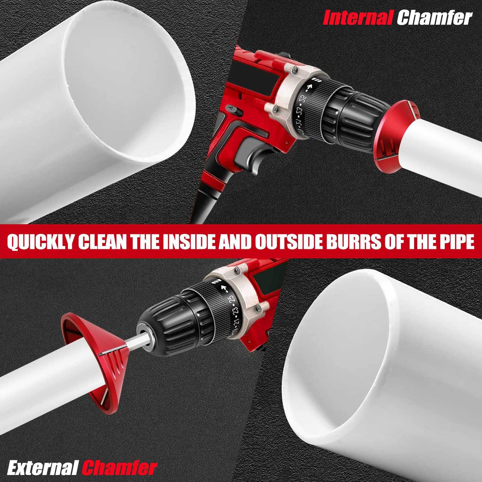 Outil D'Ébavurage 2-en-1 PVC - Pour Tuyaux 0.92 à 3.89 Pouces - Chanfrein Intérieur/Extérieur - Compatible Perceuse