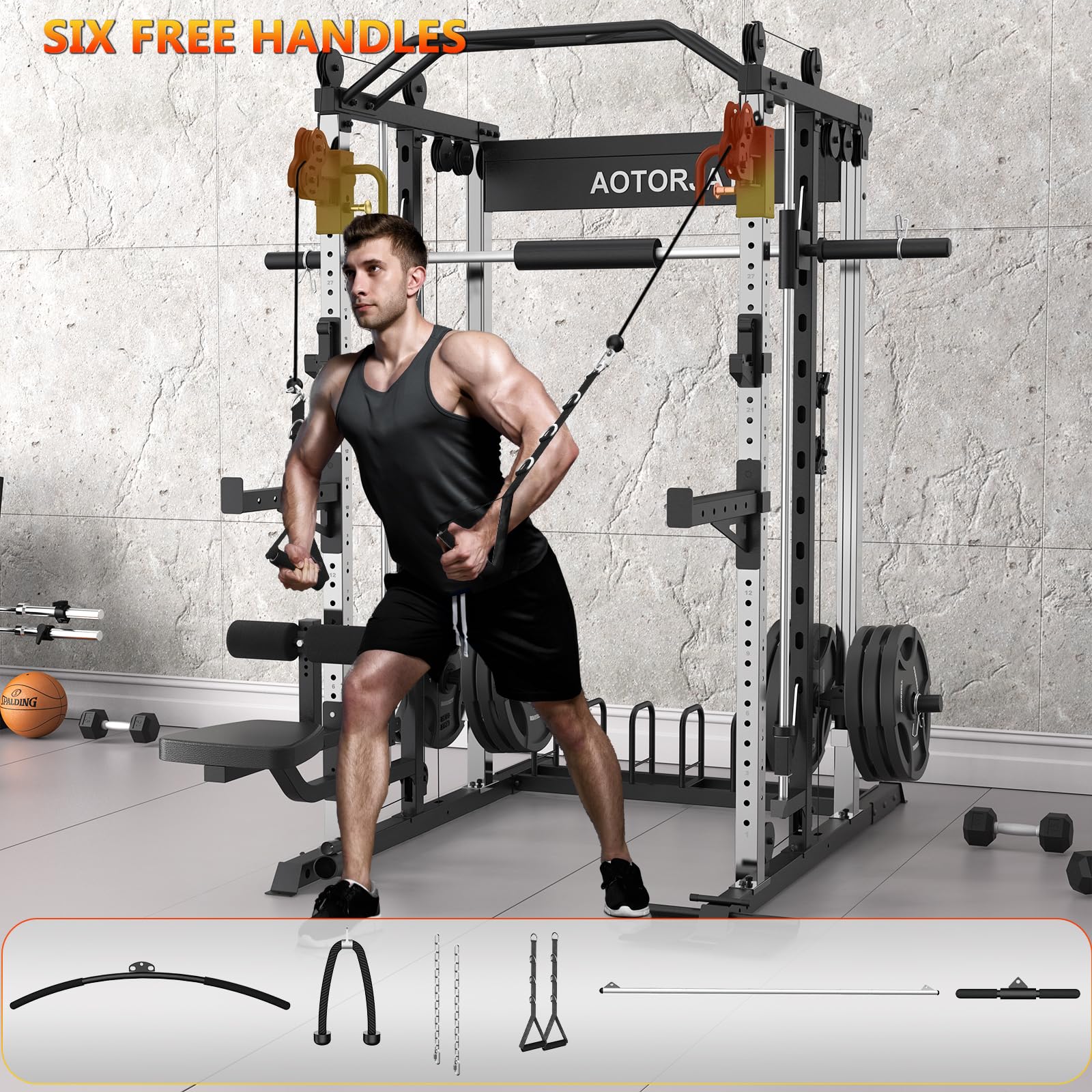 AOTORJAY Smith Machine Strength Training Squat Rack with Smith Bar, Power Cage with LAT Pull-Down Systems, Cable Crossover Machine for Home Gym and More Training Attachment (Smith Machine)