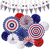 26PCS 4th/Fourth of July Patriotic Decorations Memorial Day Decor Red White Blue Hanging Paper Fans, Hanging Swirls, USA Flag Pennant, Star Streamer Garland Pom Poms Party Supplies Veteran Day Decor