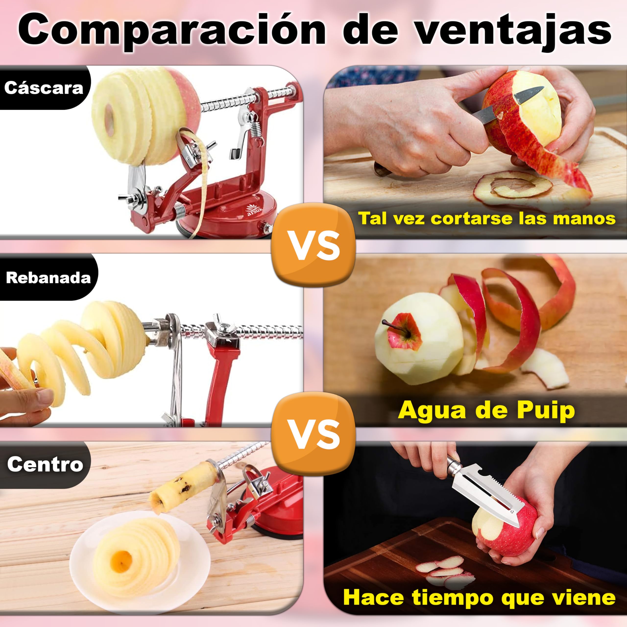 ARSUK 3 en 1 Pelador de Manzanas Manual con Cuchillas de Repuesto, Acero Inoxidable Ajustable