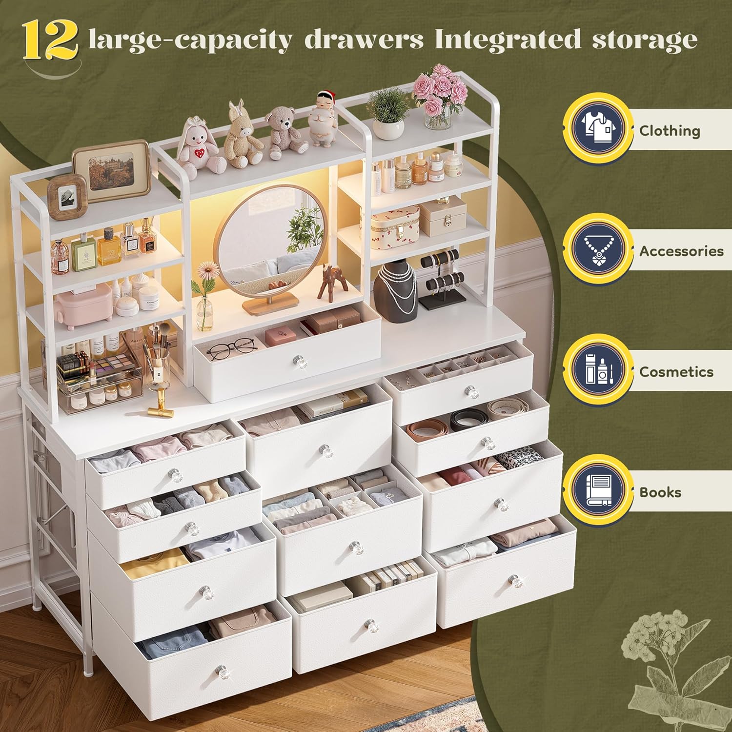 Romorgniz White Dresser for Bedroom with 12 Drawers & LED Lights, Fabric Dressers & Chests of Drawers with Open Shelves, Vanity Dresser Organizer with Metal Frame Wooden Shelf for Entryway Closet