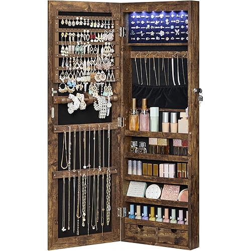 SONGMICS 6 LEDs Mirror Jewelry Cabinet, 42.5-Inch Tall Lockable Wall or Door Mounted Jewelry Armoire Organizer with Mirror, 2 Drawers, 3.7 x 14.6 x 42.5 Inches, Rustic Brown UJJC099X01