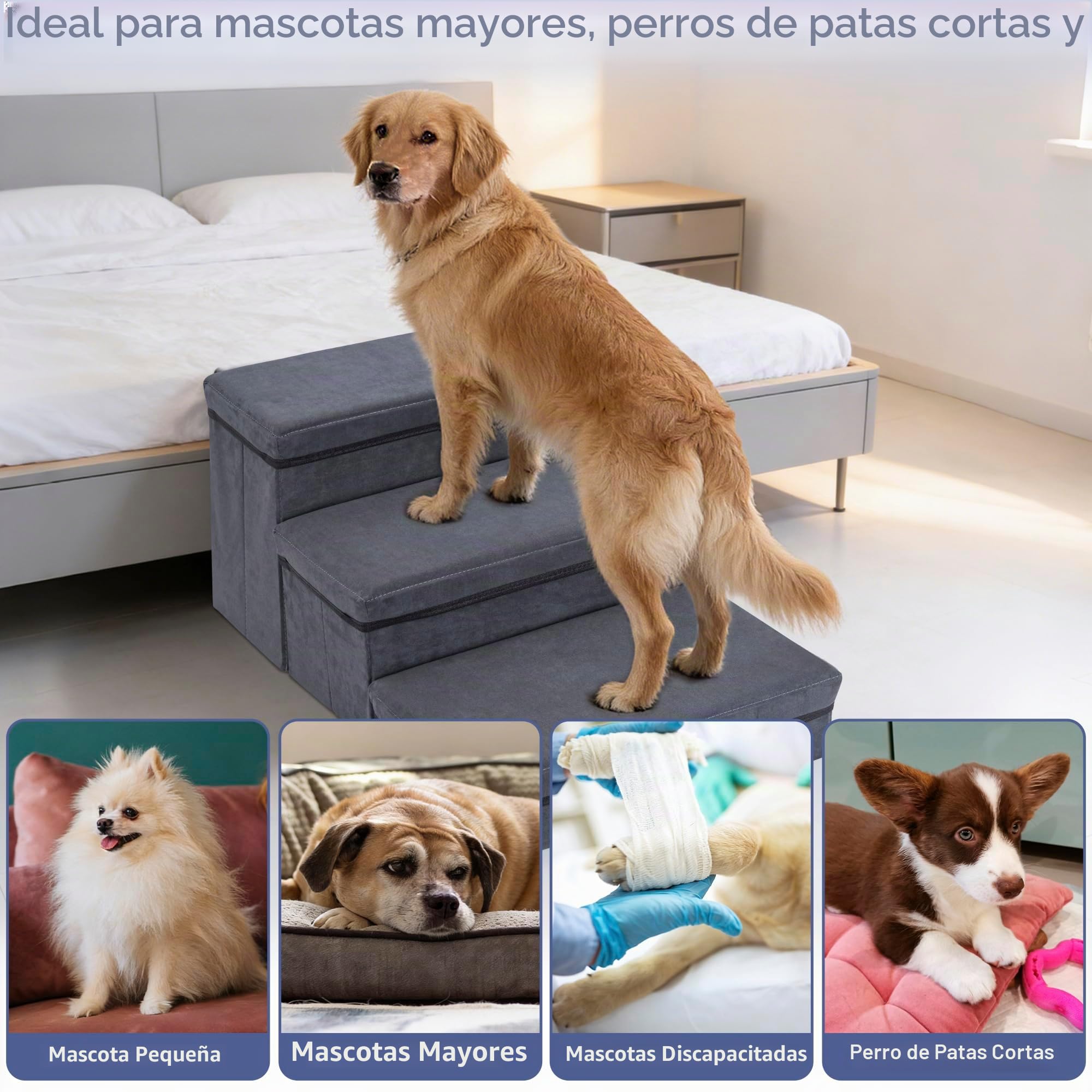 AKOZLIN Escaleras para Perros con Almacenamiento,3 escalones, Plegables | 2 en 1 escaleras para mascotas, rampa extra ancha, escalera para mascotas para perros pequeños a grandes, gatos, gris oscuro