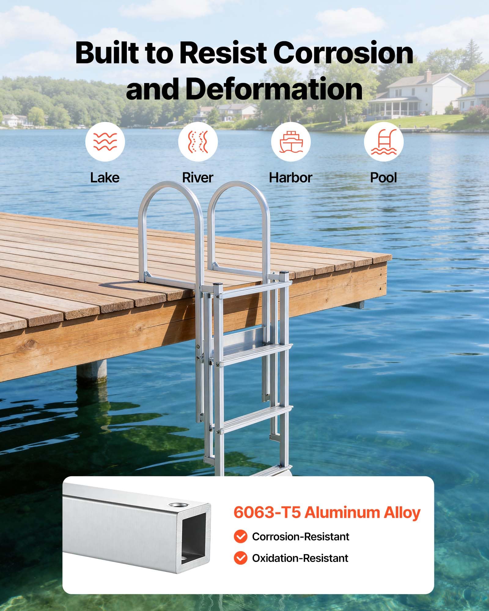 VEVOR Scaletta Telescopica per Molo, Scaletta Dritta Retrattile da Pontile, 4 Gradini Antiscivolo in PP, Portata Massima 227 kg, Struttura in Lega di Alluminio, Sistema Galleggiante Auto-Sollevante