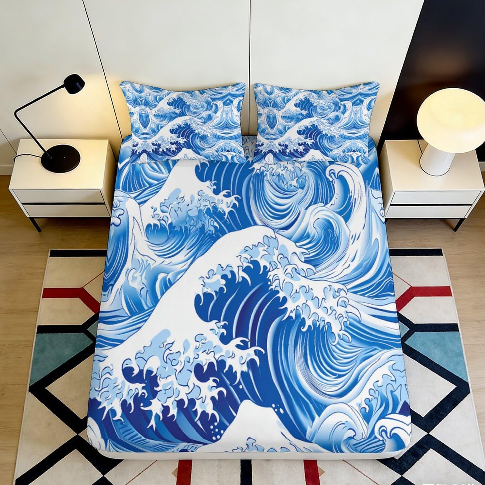 3D Printed Ocean Wave Fitted Sheet Microfiber Soft Blue Sea Bedroom Bed Cover Decor Dustproof Washable 90x200x25cm