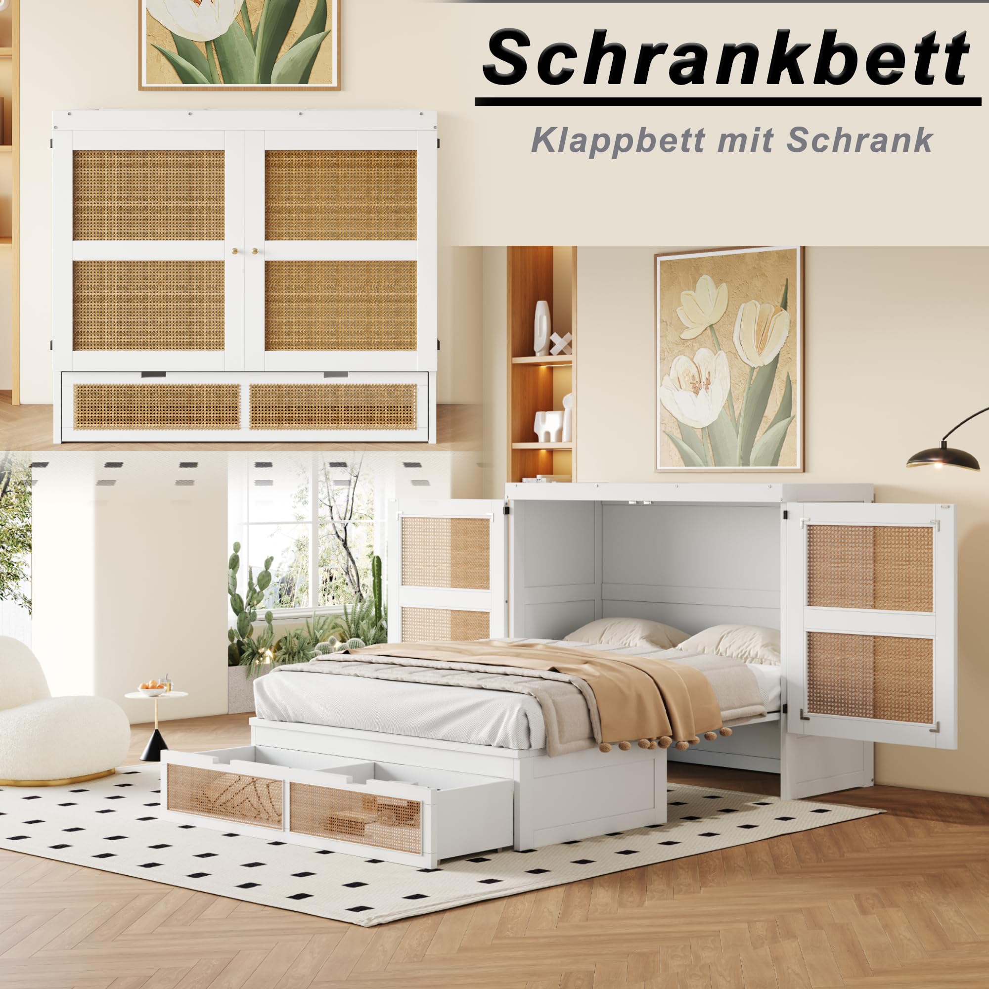 Cama Abatible 140x200 cm Camas Juveniles con Cajón de Almacenaje y Somier, Cama Juvenil Camas Matrimoniales, Murphy Bed, Diseño Que Ahorra Espacio, Sin Colchón, Blanco