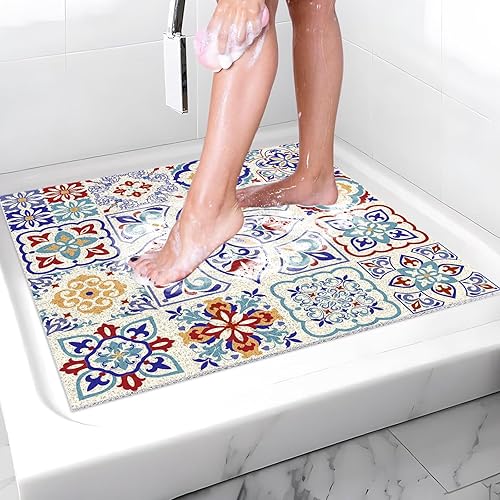 Vista 20 de Tapete de ducha antideslizante para bañera estilo azulejo, sin ventosas, 24 x 16 pulgadas, tapete de baño de masaje de lufa de PVC para ducha, baño