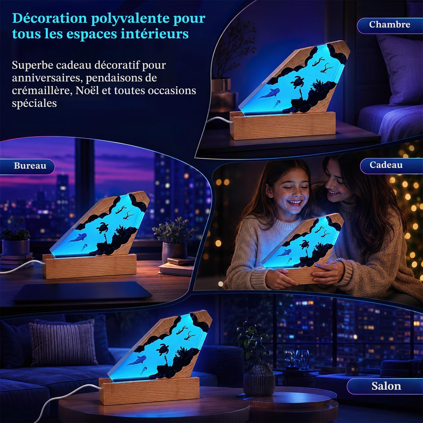 Lampe Océan Résine Époxy 3D, Veilleuse RGB 7 Couleurs Dimmable Socle Bois