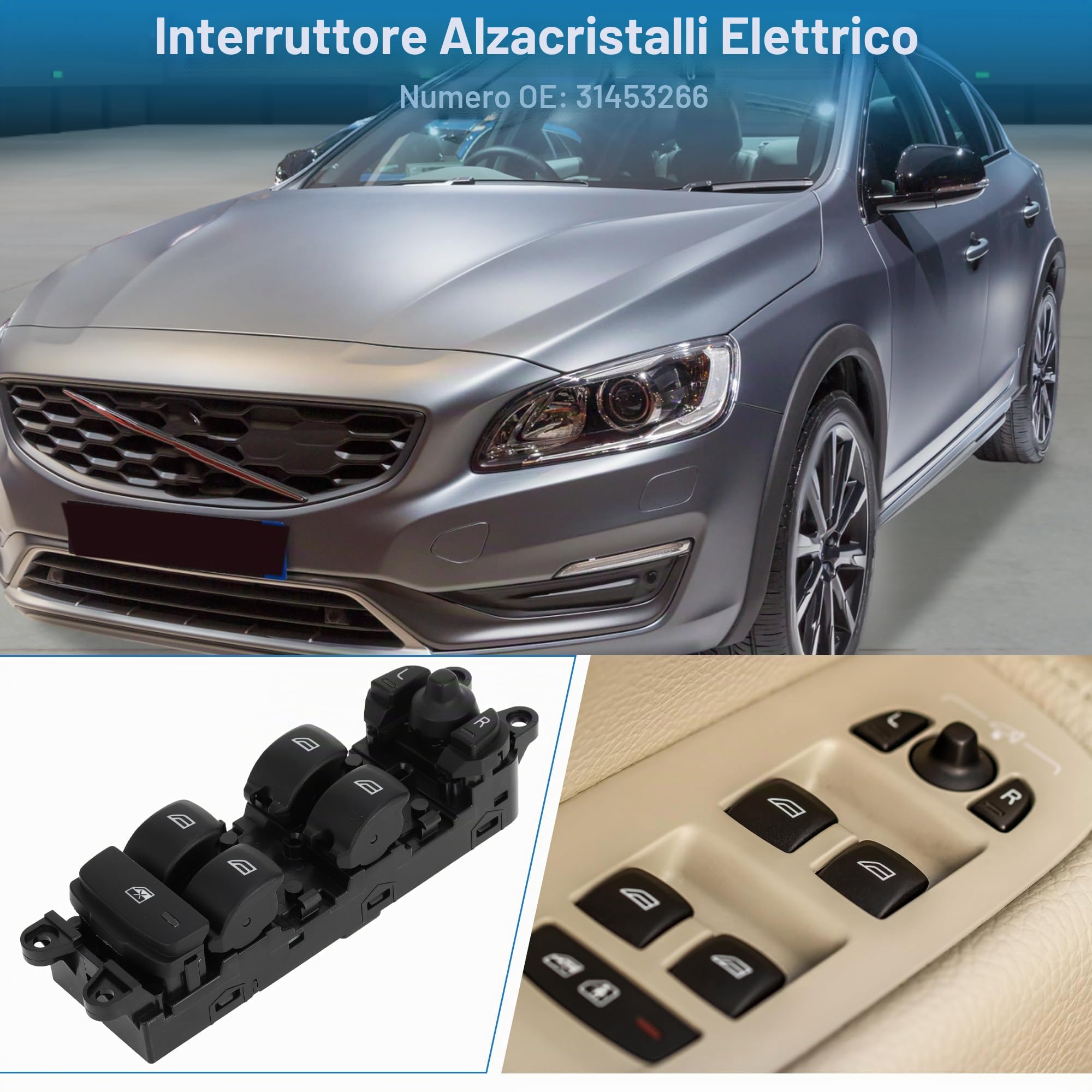 A ABSOPRO Interruttore Finestrino Elettrico Per Volvo S60 Nero 1pc | Nero, Plastica E Metallo, OE 31453266, Per Volvo V60 XC60 09-18, Lato Sinistro Ant, Pin 3, Blocco/Sblocco E Controllo