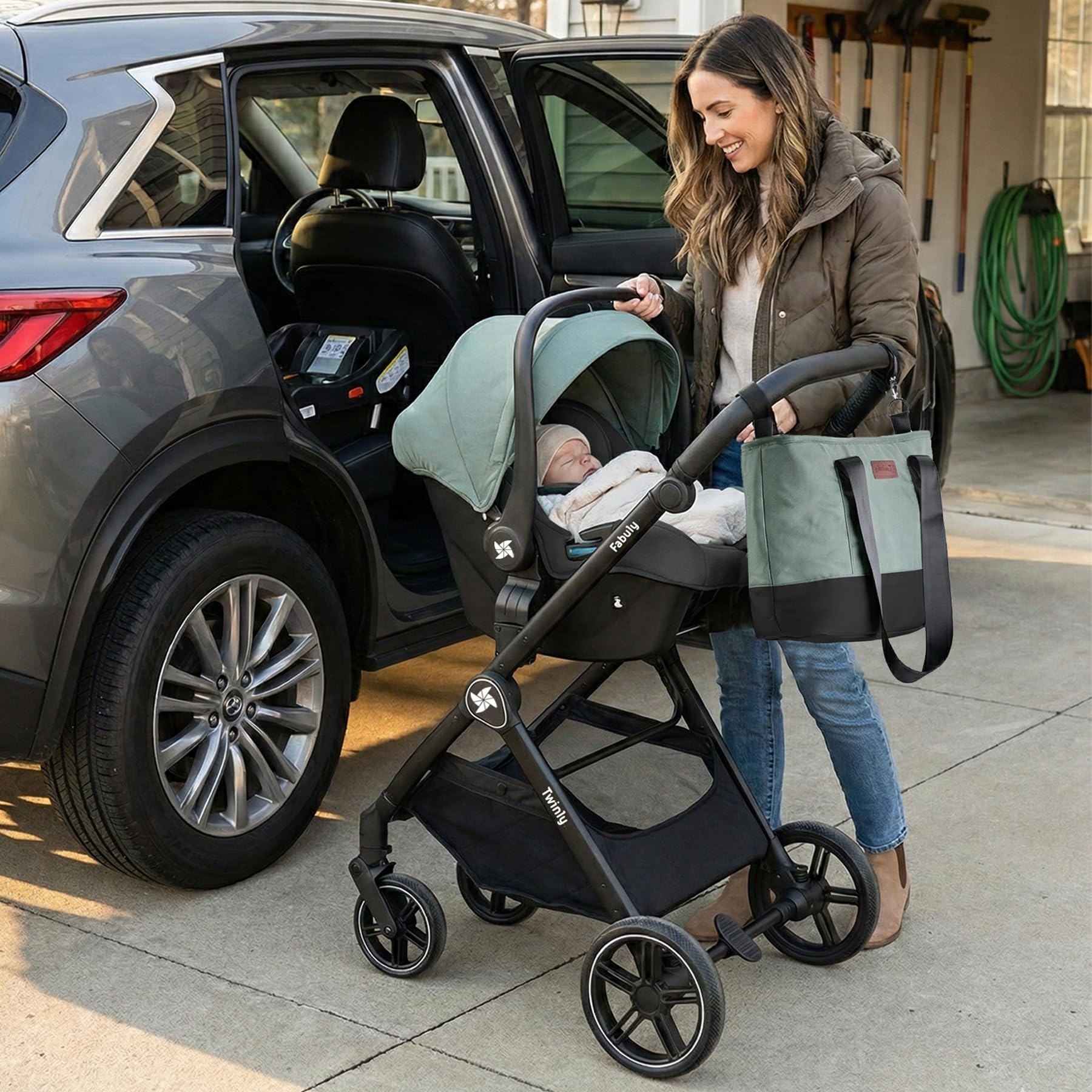 Passeggino Trio 3 in 1 Sistema Modulare Carrozzina Neonati Ovetto Auto Verde 25 kg