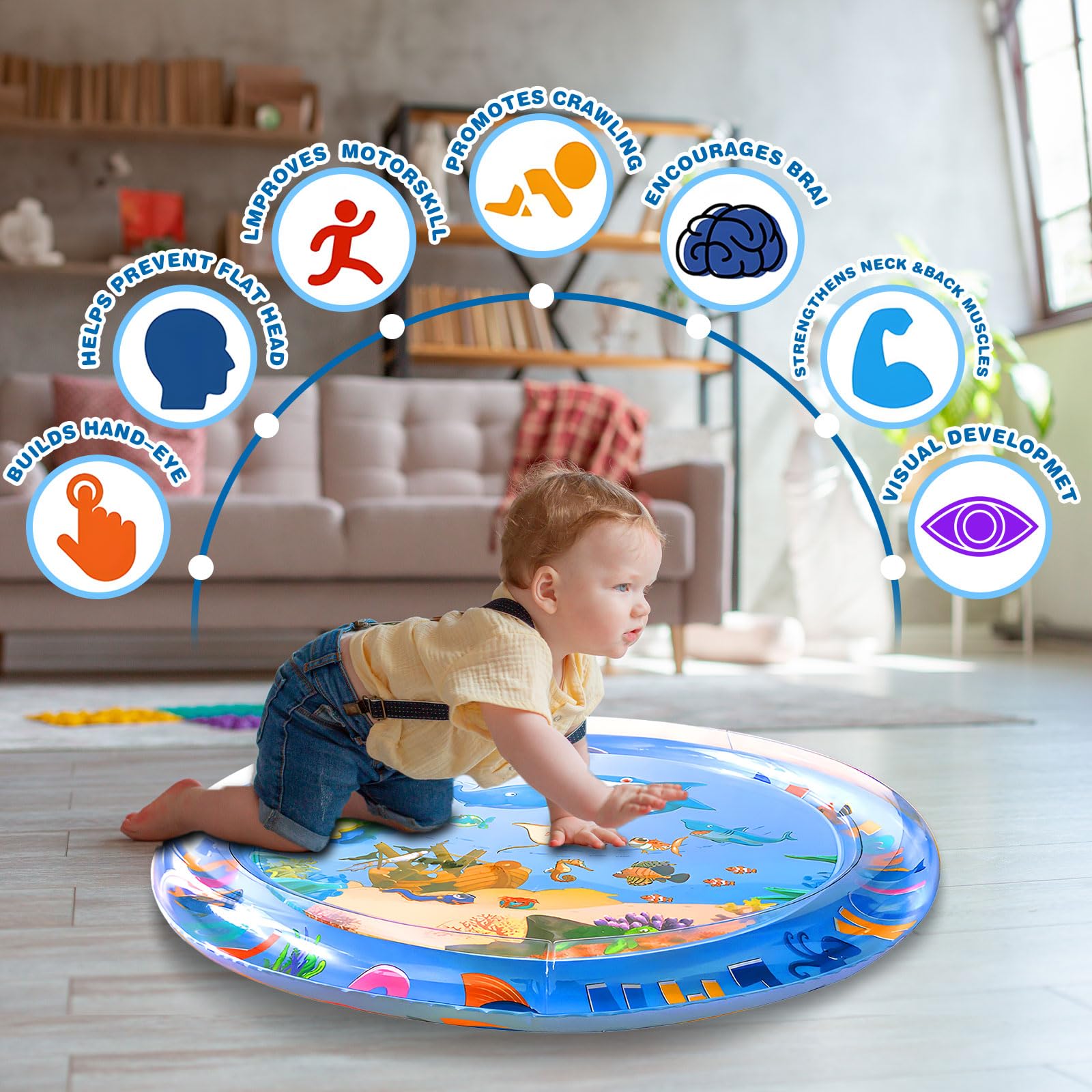 Tapis Eau Bebe Eveil, 63 x 63 cm Aquarium Bebe, Tapis Eau Gonflé Enfant PVC Imperméable, Motif de Dauphin Tapis Sensoriel Bébé, Rond Tapis pour d'eau Bébé 3 6 9 12 Mois