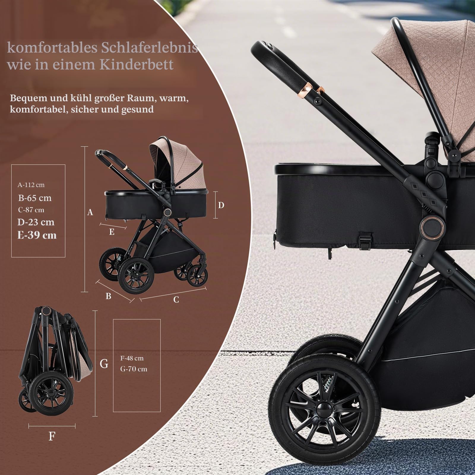 Kinderwagen 3 in 1, Zusammenklappbar kinderwagen Komplettset Becherhalter, Moskitonetz, Fußabdeckung Für Baby Erstausstattung Neugeborene(Khaki)