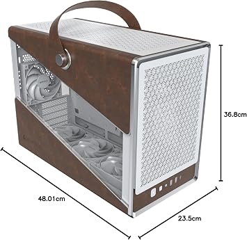 MONTECH Heritage mATX, Compact Leather Game Case with Micro Form Factor Signature Handle, Supports Latest GPUs, ATX PSU, 360mm AIO, 4 Fans, Headphone Strap - White