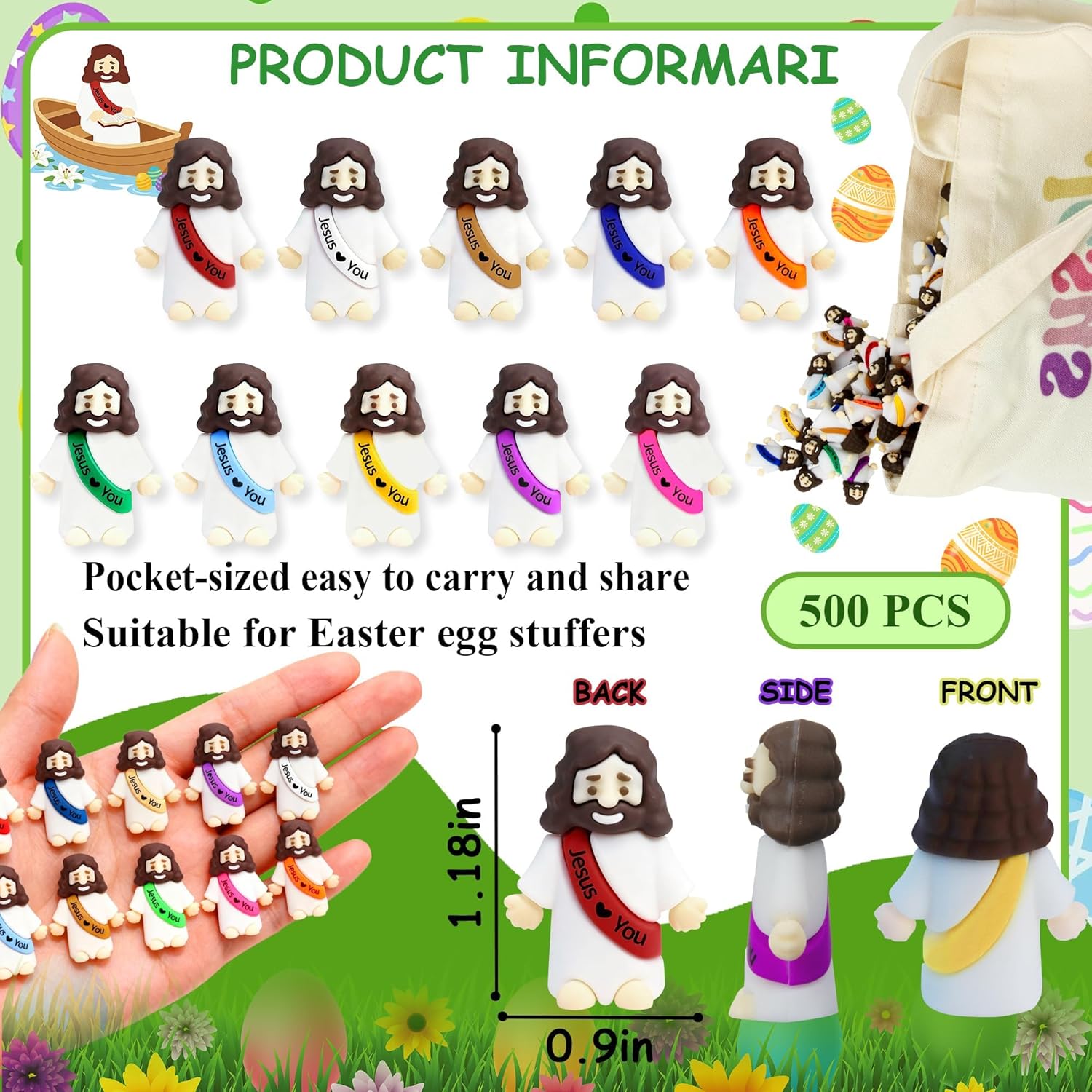 500 Pcs Little Jesus Figures– Rubber Mini Jesus Figurines in Bulk Tiny Baby Jesus Loves You Figures With Canvas Bag for Hide and Seek Easter Egg Fillers Egg Hunt Party Favors Gifts (10 Color*500)