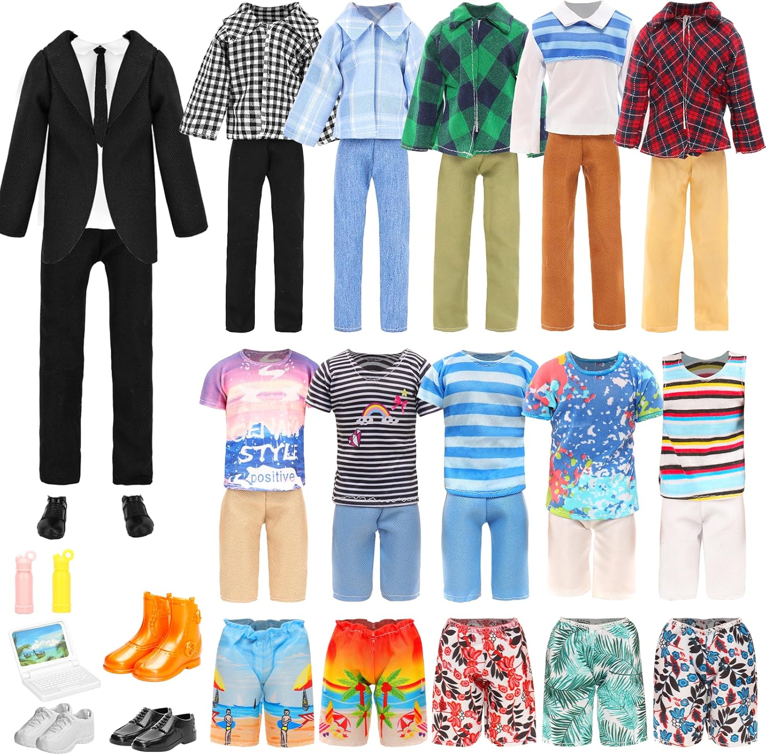 Miunana Lot 16 Items Doll Clothes & Accessories Classic Black Suit for Boy Doll Include Random 4 PCS Casual Wear + 5 PCS Dolls Pants + 3 Pairs of Shoes Laptop Water Bottles