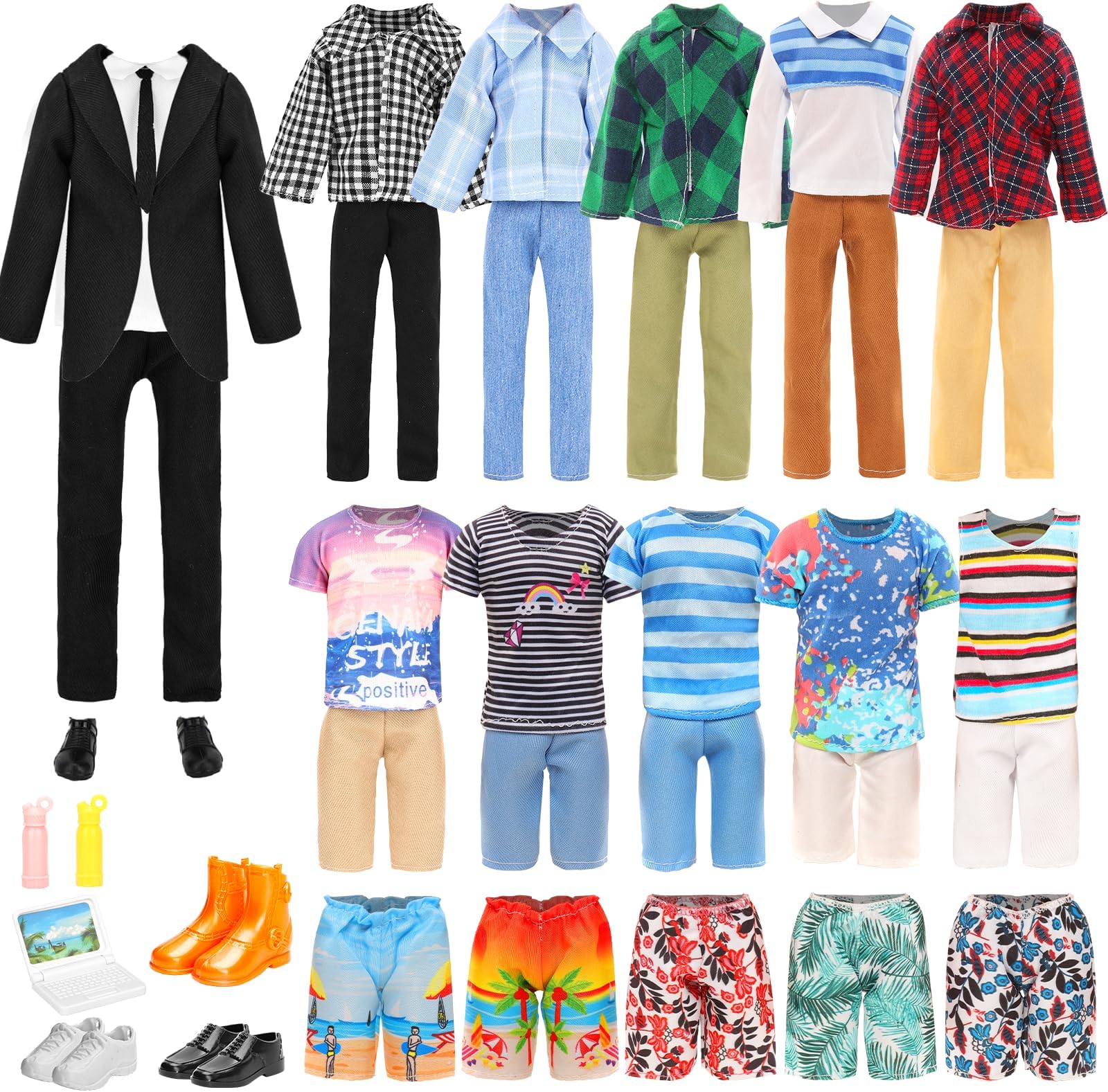 Miunana Lot 16 Items Doll Clothes & Accessories Classic Black Suit for Boy Doll Include Random 4 PCS Casual Wear + 5 PCS Dolls Pants + 3 Pairs of Shoes Laptop Water Bottles