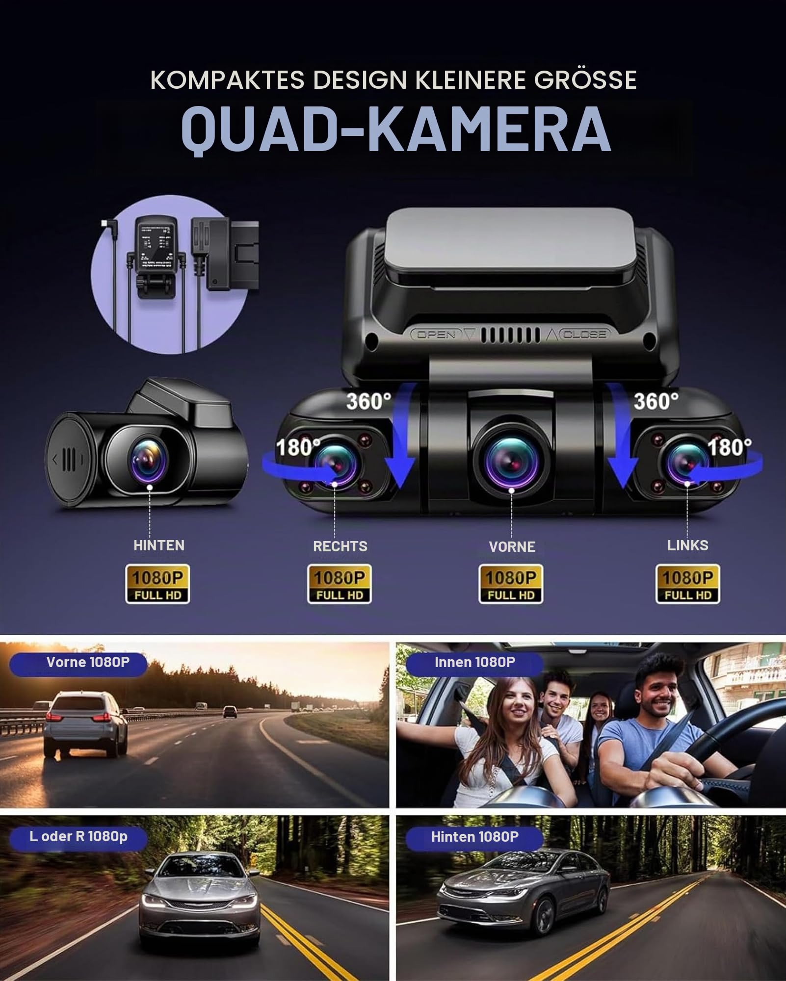 Rhorawill 4 Kanal Dashcam Auto Radar Bewegungserkennung Dash Cam,1080P 3.0"