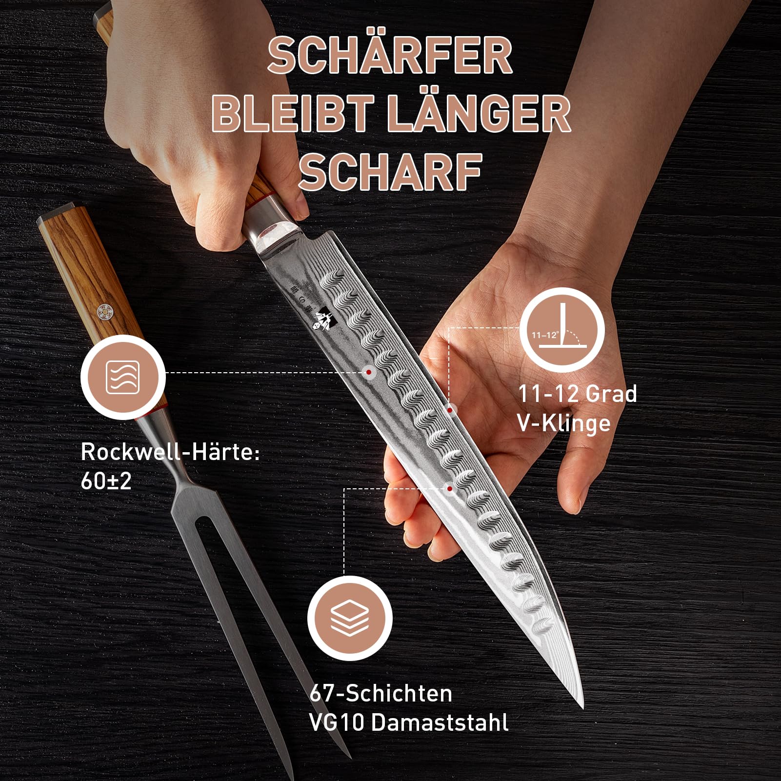 Damast Tranchier-Set mit Gabel, 2-teilig, Fleischmesser Mit Extrem Scharf 22,5cm Klinge Aus 67 Lagen Vg-10 Damaststahl, Gabel 28,7 cm, Olivenholzgriff, Geschenkbox