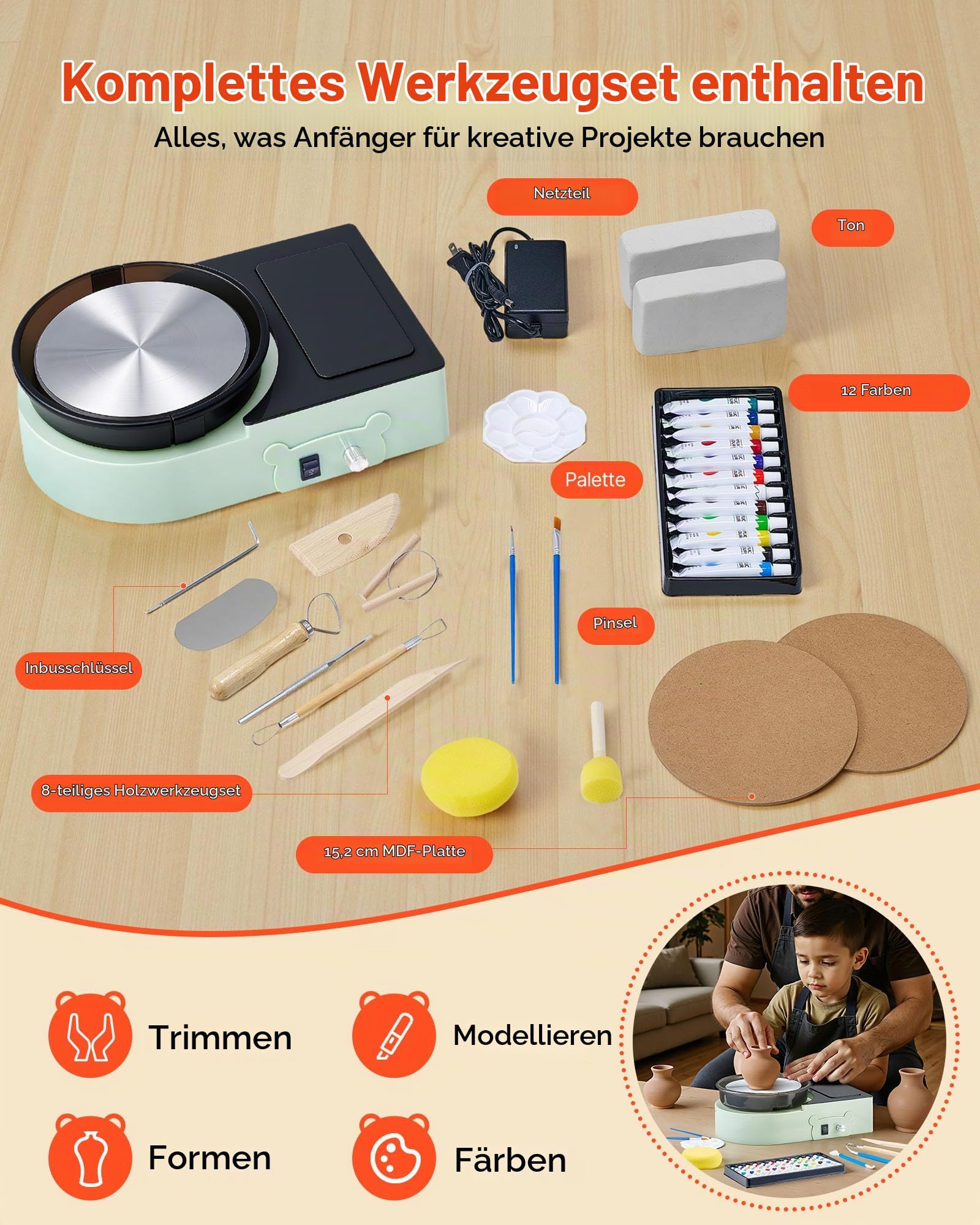 VEVOR Mini Töpferscheibe Maschine 158 mm Drehteller mit einstellbarer Rotationsgeschwindigkeit, elektrische Tonscheibe mit Tonformungswerkzeugen, geeignet für Heimwerken Töpferkurse, Grün