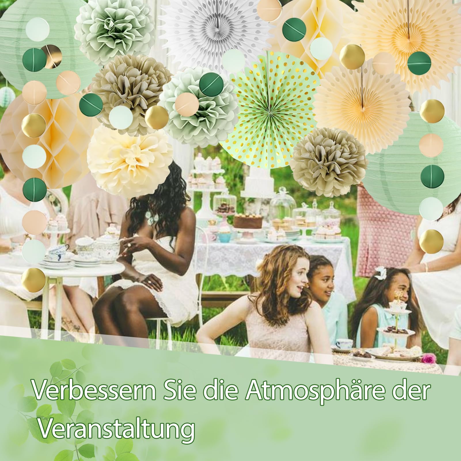15 Pezzi Decorazioni Feste Sage Green con lanterne Carta, Sfere Carta, Ventilatori carta, Pois Dorati Fiori, Decorazioni in carta verde,per Compleanno, Baby Shower