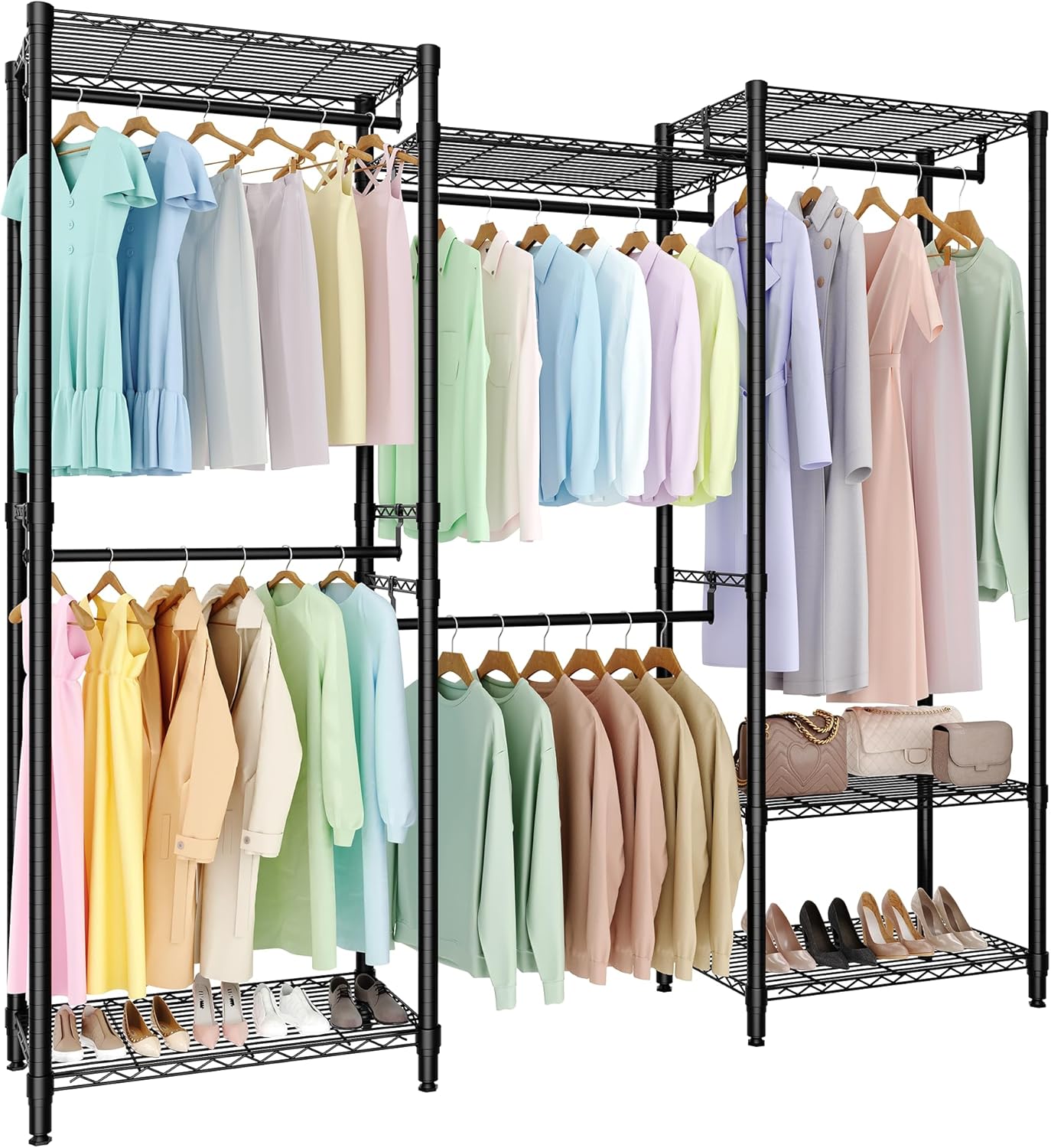 Freestanding Clothes Rack Garment Racks with 5 Rods for Hanging Clothes, Heavy Duty 1433LBS, Portable Closet Wardrobe Organizer with Adjustable Wire Shelves, for Bedroom, 76.5"H x 67.6"L x 15.5"W