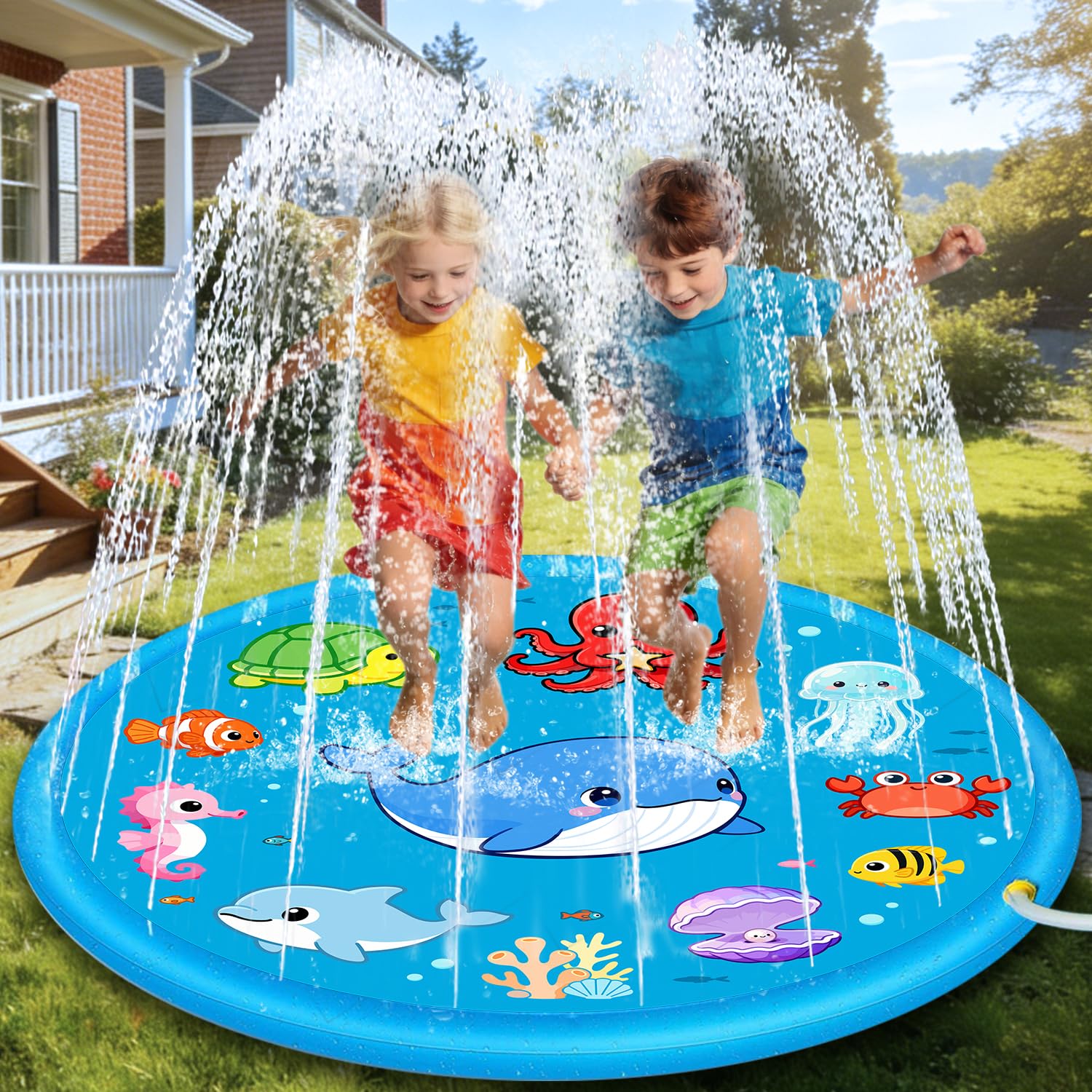 Chennyfun 68'' Kids Sprinkle and Splash Play Mat, Summer Garden Outdoor Spray Water Play Sprinklers Games Garden Beach Spray Mat, Sprinkle Splash Water Pad Toys Pool Toy Gifts for Boys Girls