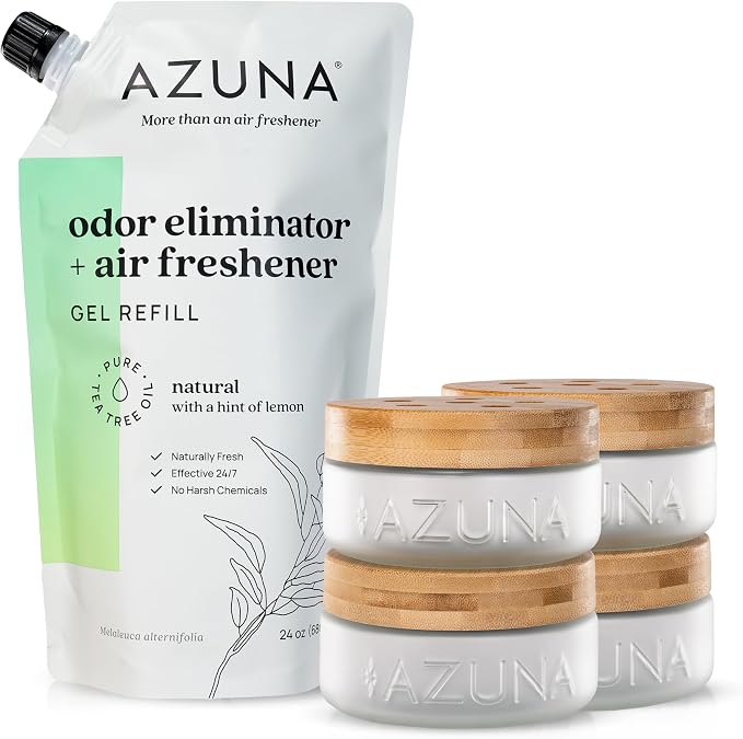Azuna Air Freshener & Odor Eliminator for Strong Odor | 2 Room Kit Includes (2) Empty Luxe Glass Jar & 12oz Gel Refill with Tea Tree Essential Oil | Sandalwood Scent | Last 60-90 Days