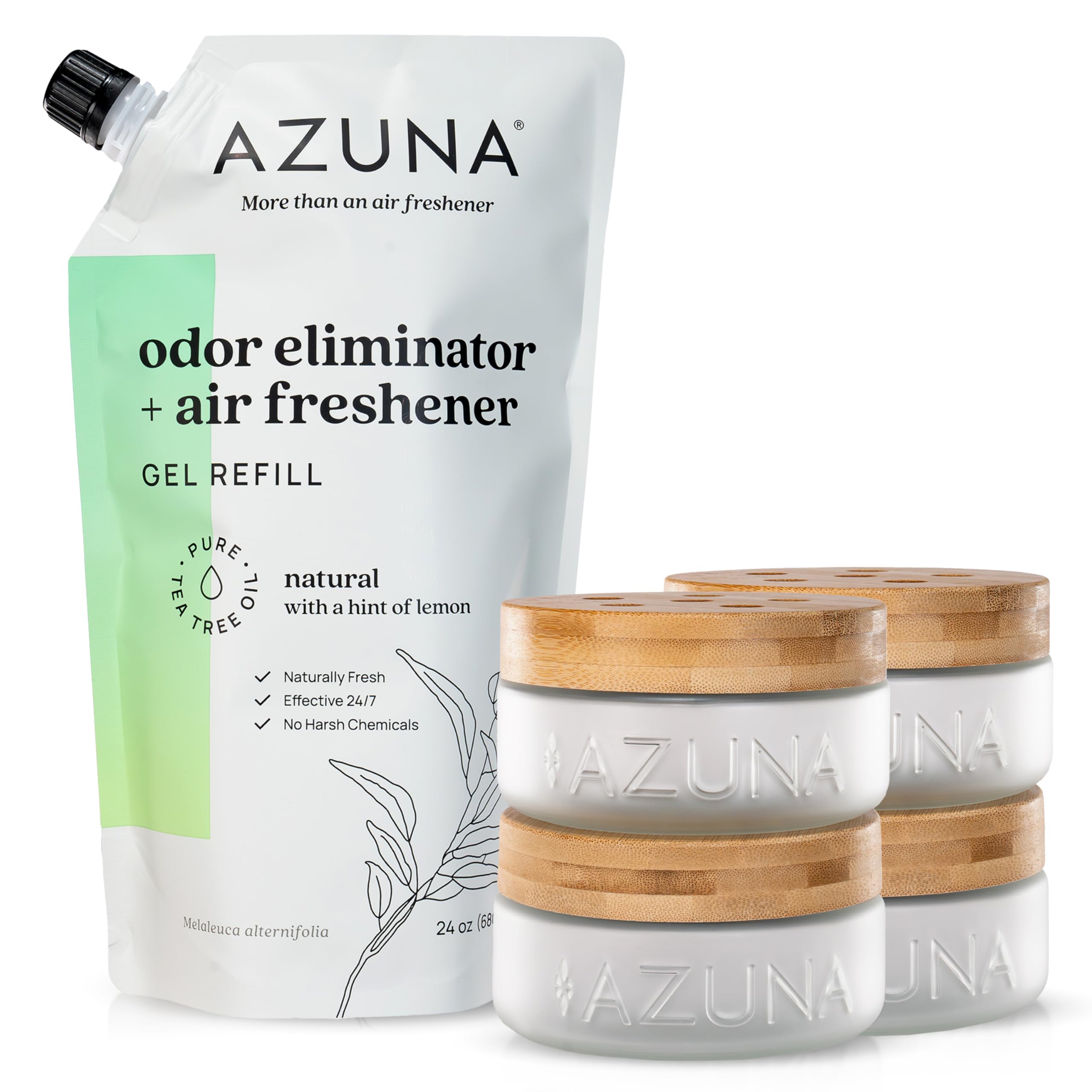 Azuna Air Freshener & Odor Eliminator for Strong Odor | 4 Room Kit Includes (4) 8 oz. Empty Luxe Glass Jars & 24oz Gel | Refill with Tea Tree Essential Oil | Natural Scent | Last 60-90 Days
