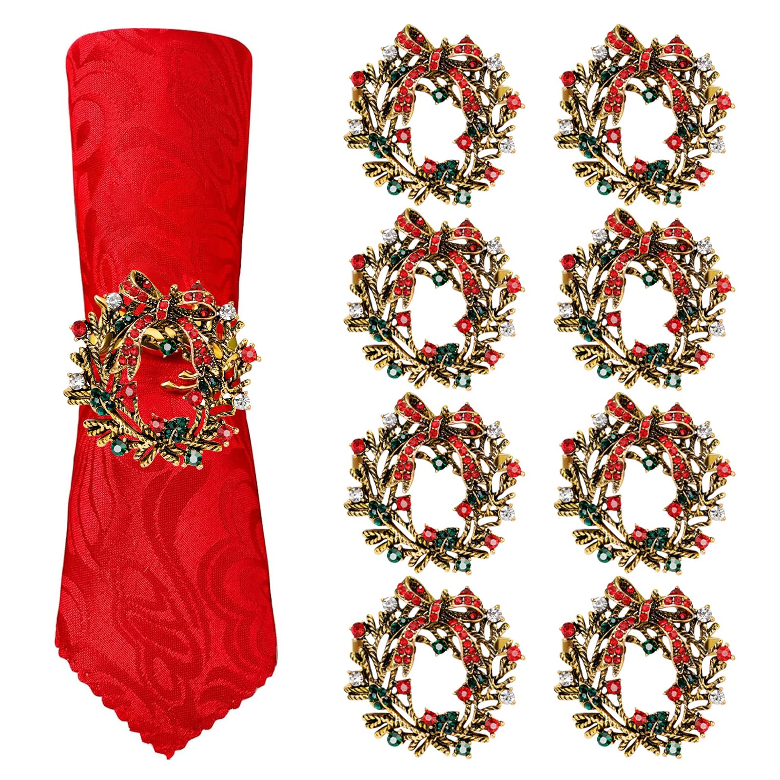 XIMEY Servilleteros Navideños, 8 Piezas Oro Servilleteros de Guirnalda, Hebilla de Servilleta Navideña con Diamantes, Anillos de Servilleta de Metal para Navidad, Boda, Fiesta, Decoración de Mesa