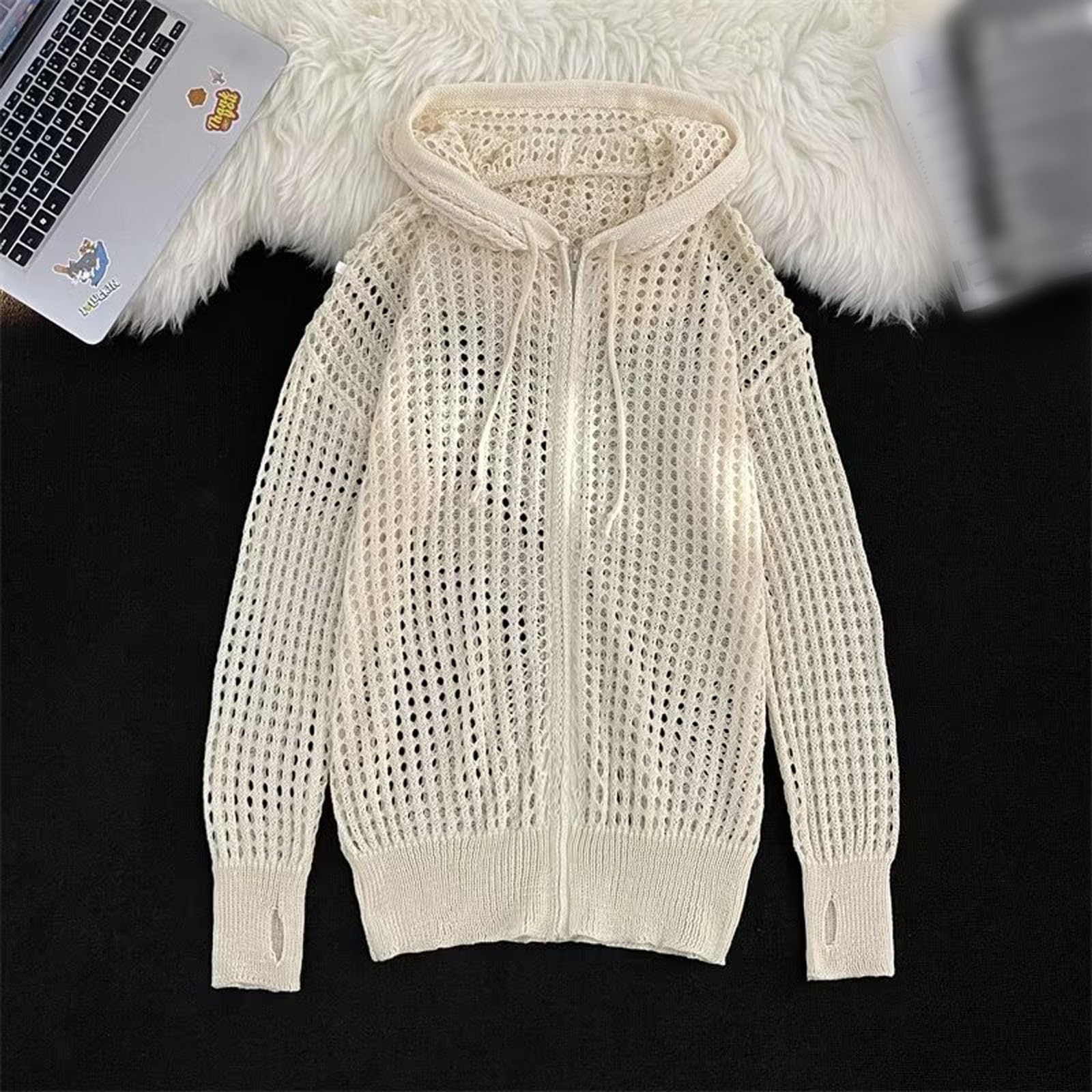 Cardigan estivo da uomo, leggero, a rete, casual, lavorato a maglia, morbido, confortevole, con cappuccio, a maniche lunghe, aperto, in rete, cardigan