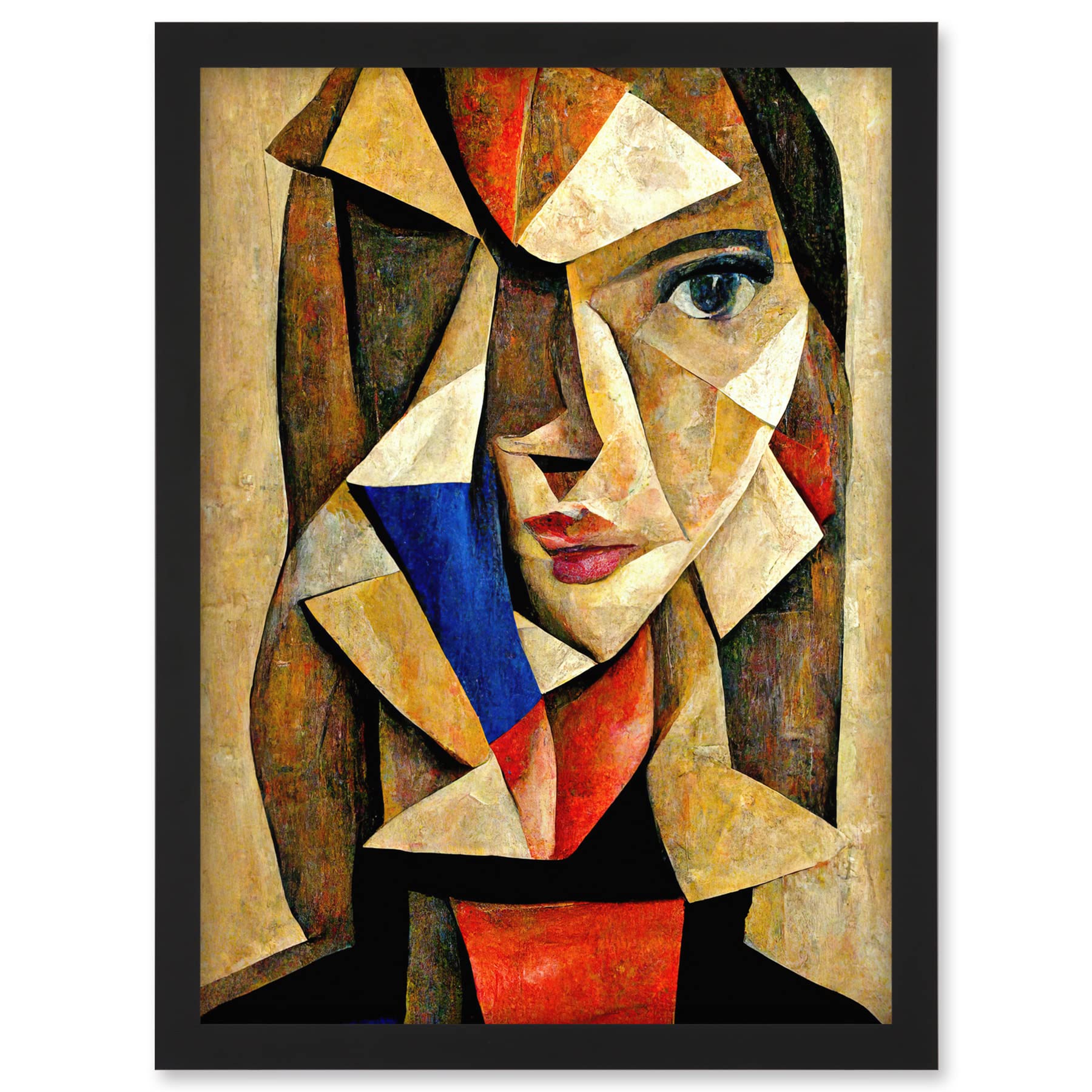 Doppelganger33 LTD Painting Cubism Style Portrait Of Young Woman Beige And Brown Artwork Framed A3 Wall Art Print