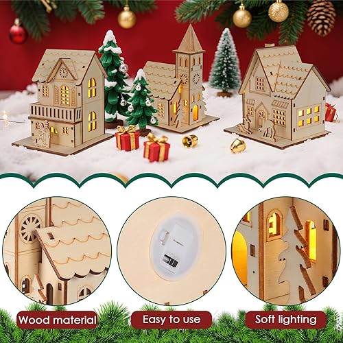 Miniatura 7 de Toyvian 3 piezas de casas de pueblo navideño casa de madera con luz LED con batería, decoración rústica sin terminar de pueblo de vacaciones,